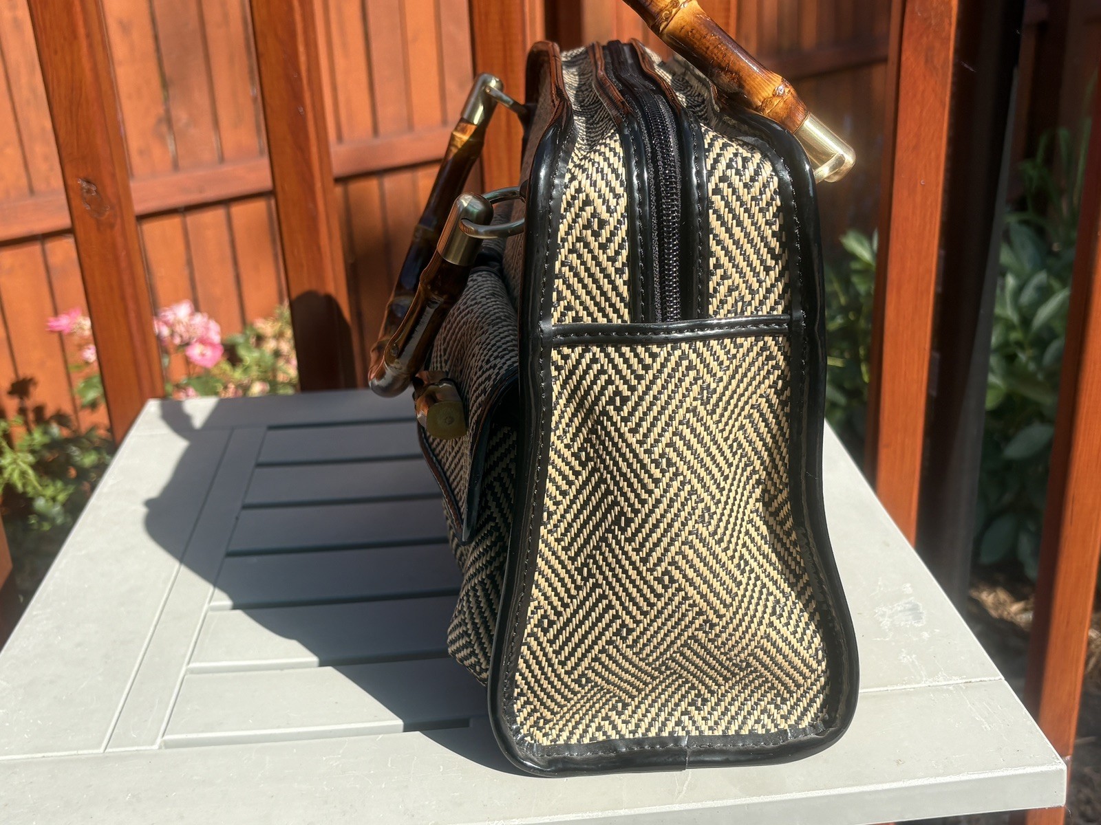 Talbots Navy Tan and Black Woven Rattan Bag with Natural Bamboo Handle Vintage