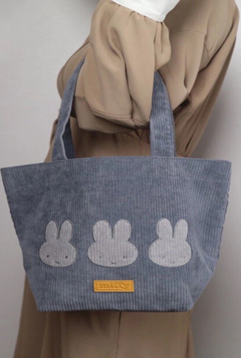 Miffy Corduroy Grey Embroidery Tote Bag Approx. H 10.2 × W 12.6 × D 5.9 inches