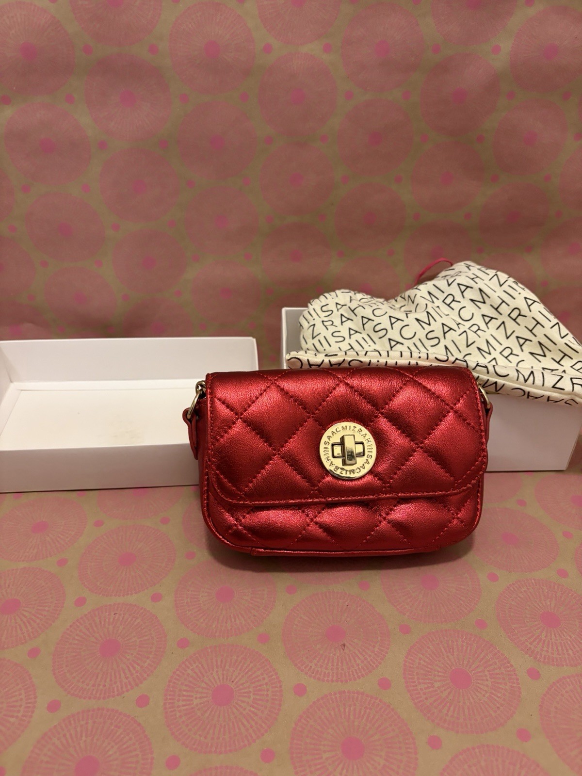 Isaac Mizrahi Live Red Quilted Mini Shoulder Bag Chain Strap Turn Lock Bag