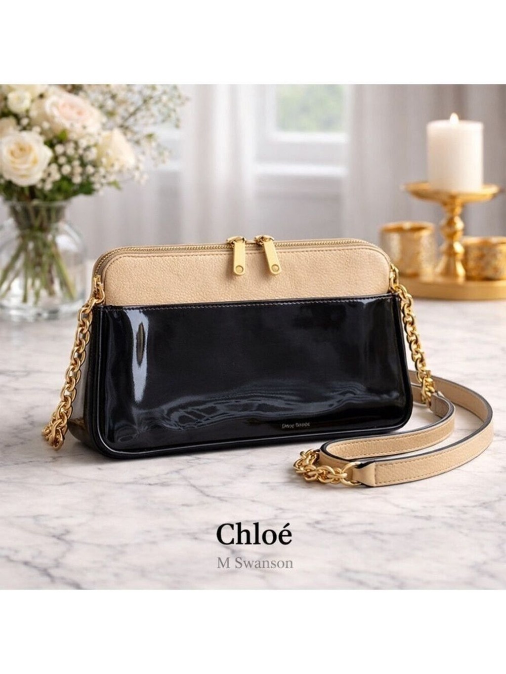 Chloé Lucy Two-Tone Leather Shoulder Bag Beige & Black Patent Leather