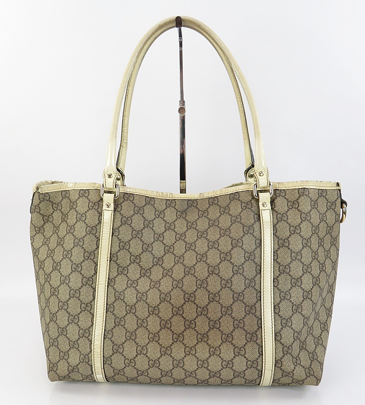 Auth GUCCI Joy Brown GG PVC Canvas and Off-White Leather Supreme Tote Bag #64223