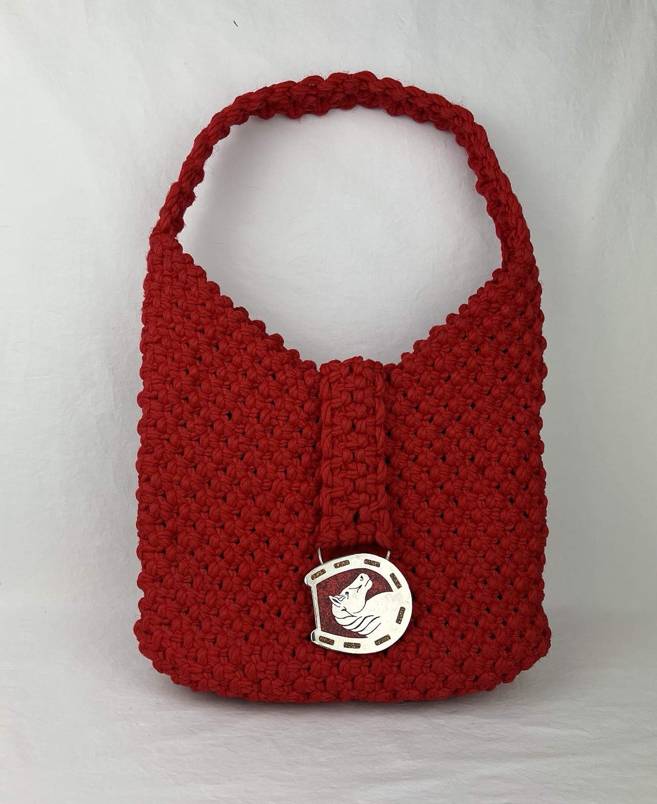 VTG Metal Horse Belt Buckle Macrame Hobo Bag 70s Enamel Red Gold Handmade Retro