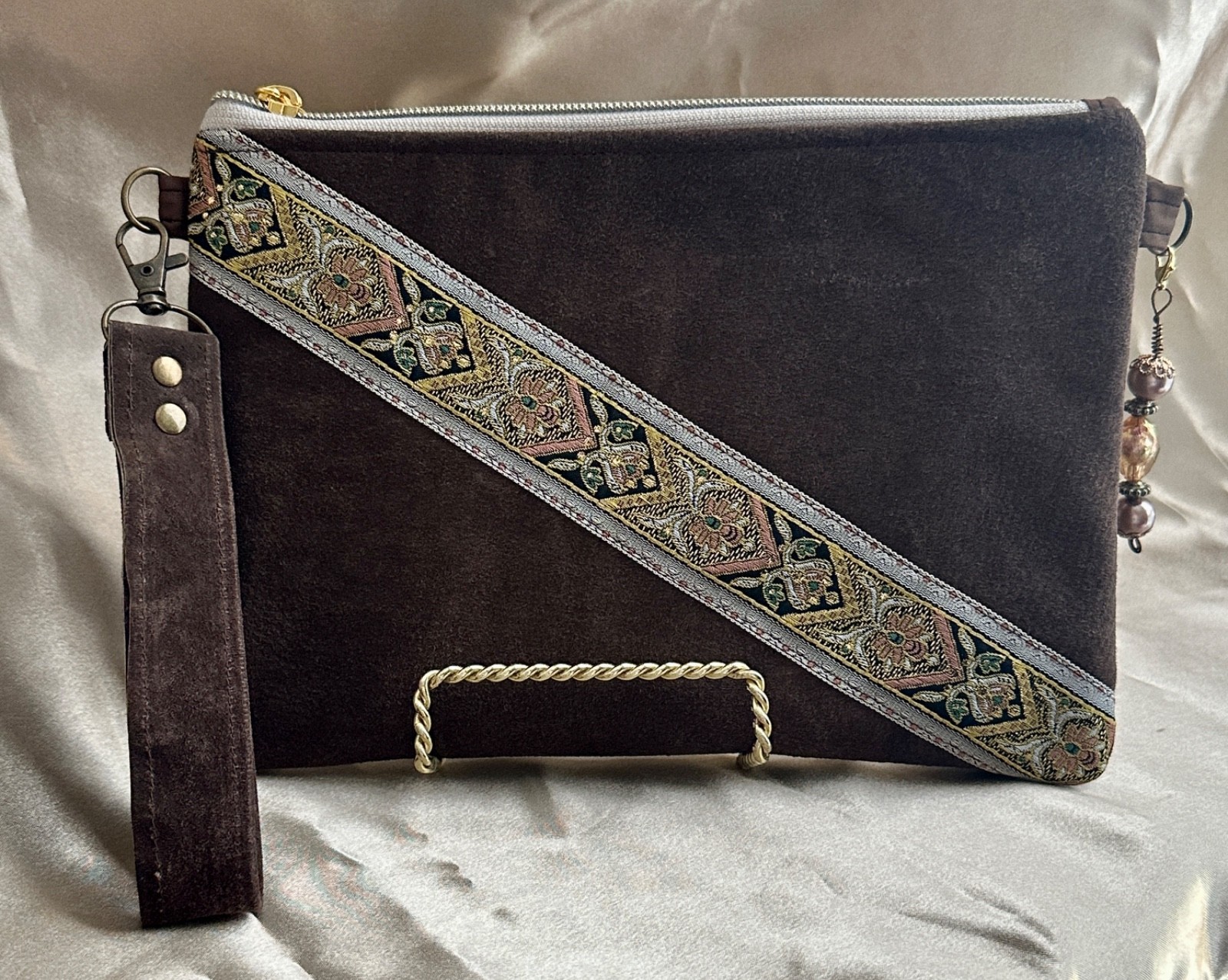 HANDMADE clutch purse wristlet, bag, pouch, genuine SUEDE LEATHER, lined, 9.5 in