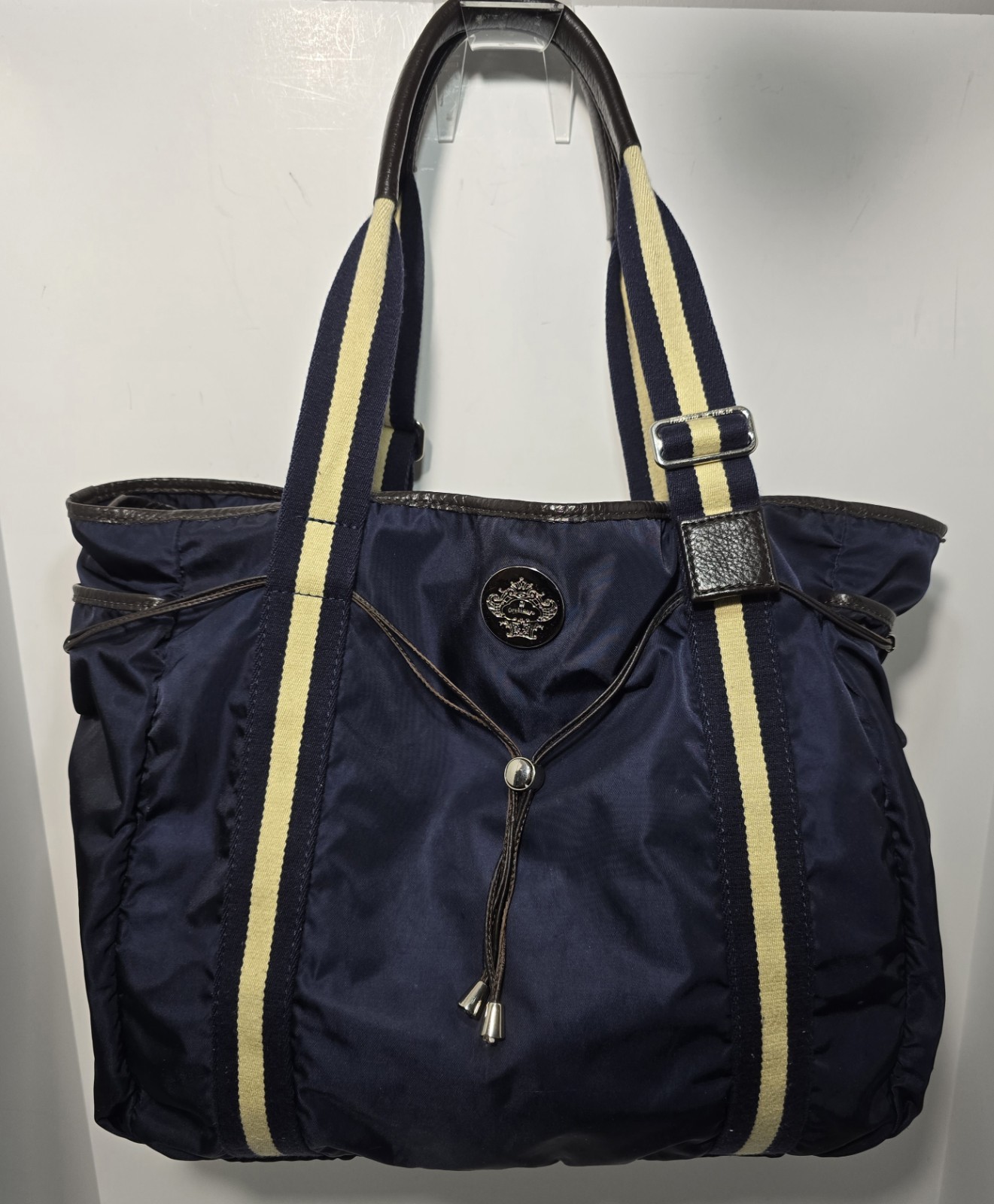 OROBIANCO Nylon Tote Bag Navy w/ Navy/beige webbing & Leather Trim Lg Made Italy