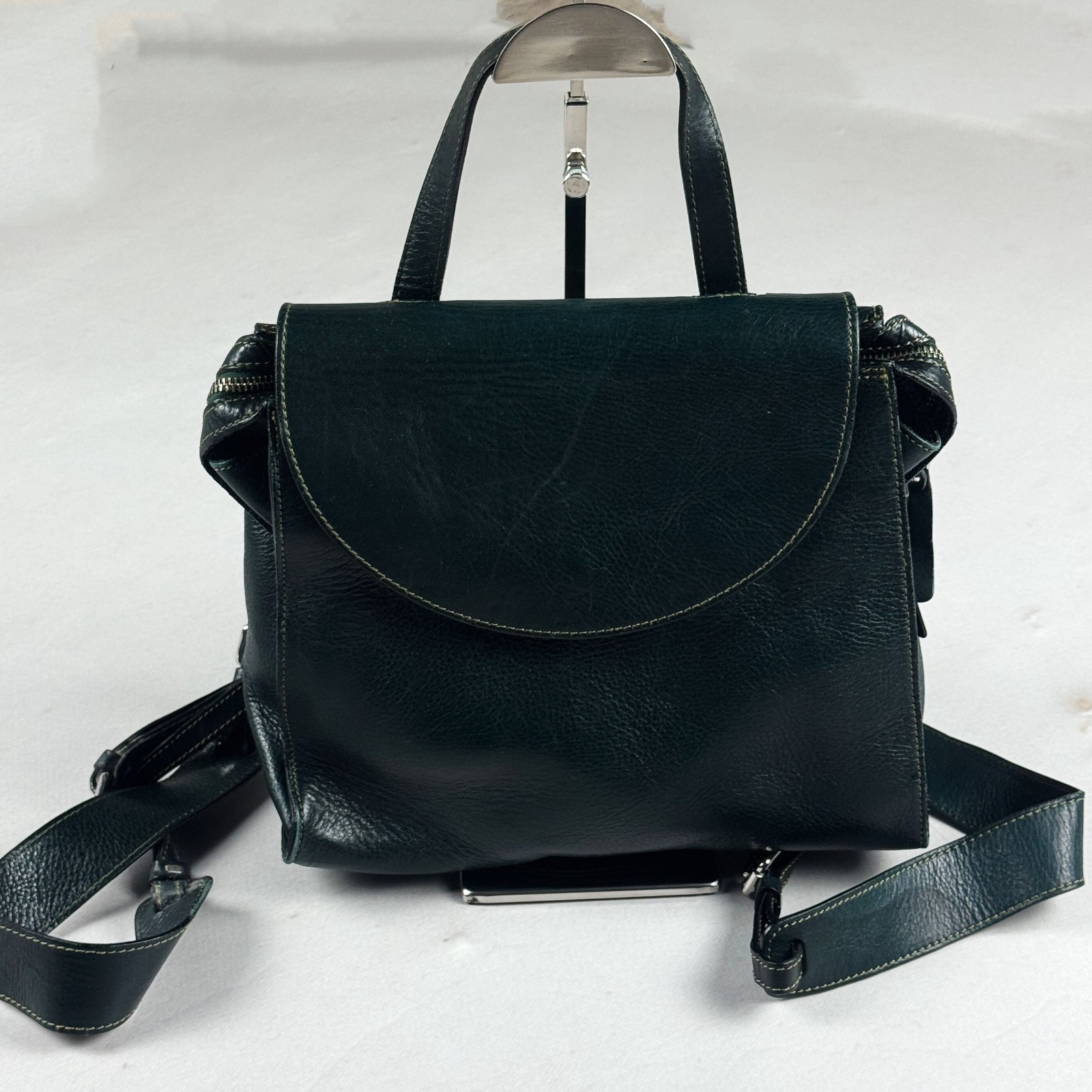 Made In Italy Genuine Leather Backpack Dark Emerald Green Convertible Vintage