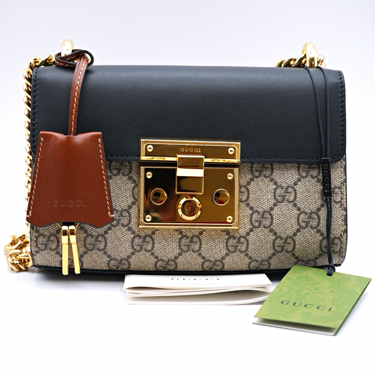 Gucci Small GG Padlock Chain Strap Shoulder Bag Beige Black Brown w/ Dust Bag