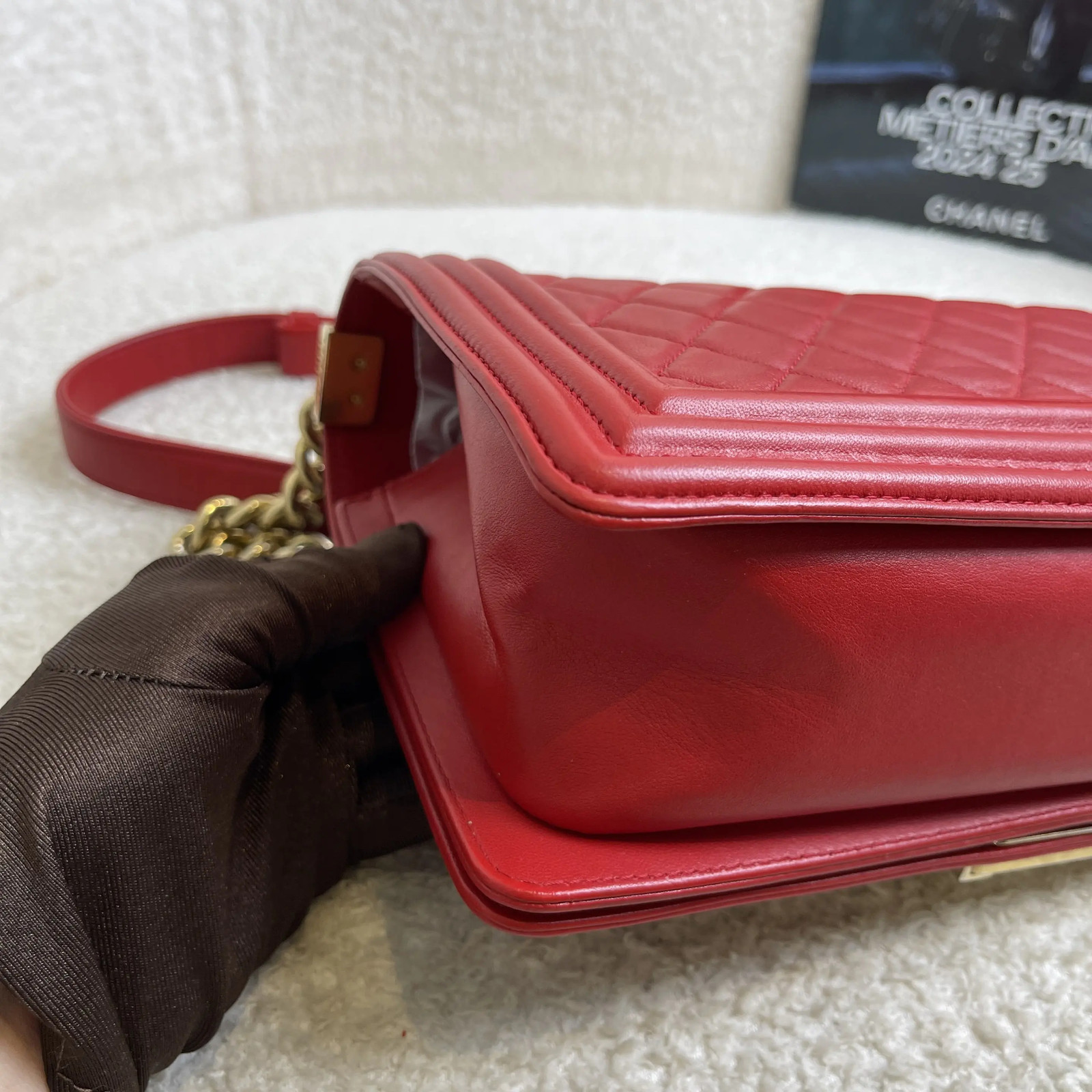 Chanel Le Boy Lambskin Red Medium Shoulder Bag Gold Hardware
