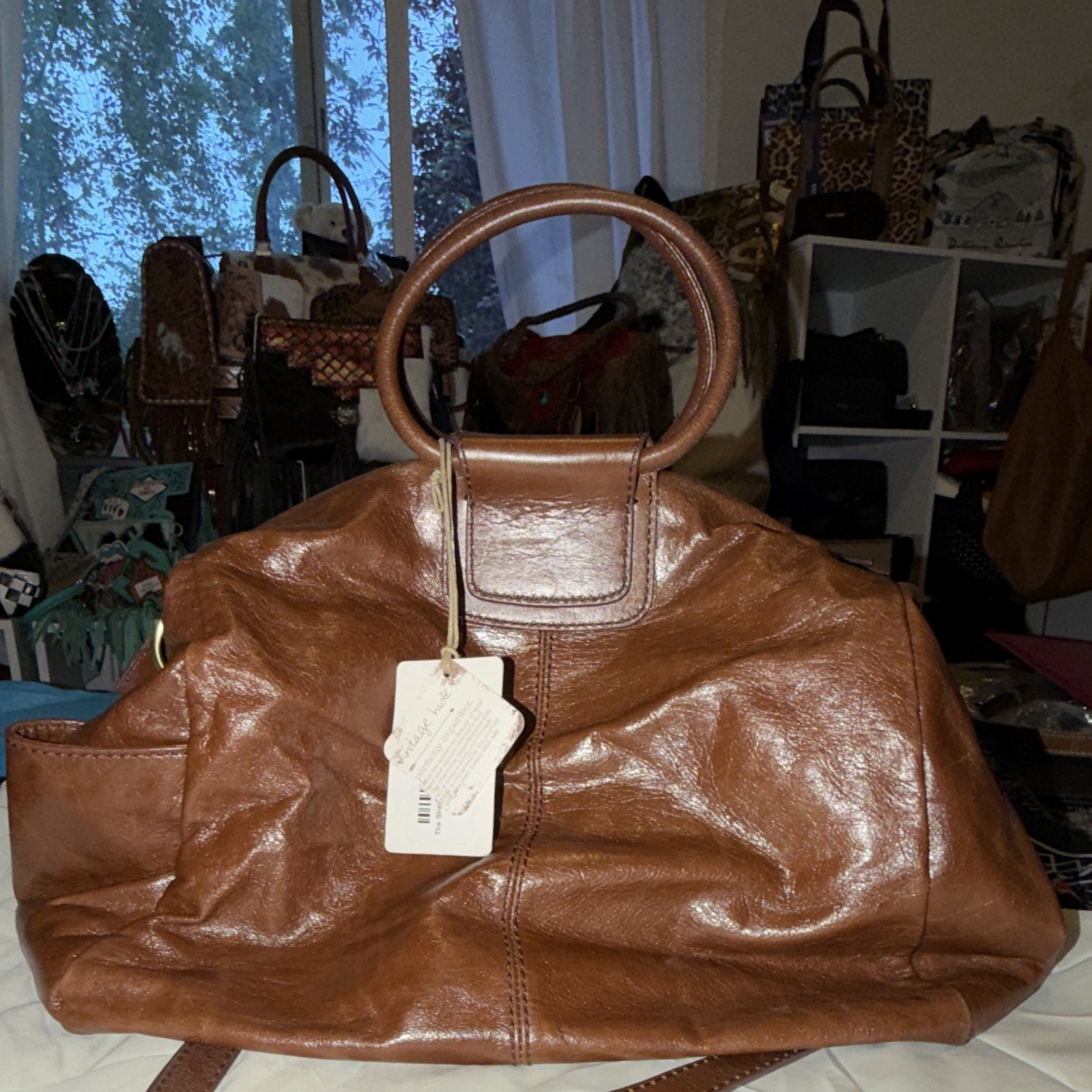 HOBO Sheila Medium Satchel Crossbody Shoulder Bag Brown Polished Leather Handbag