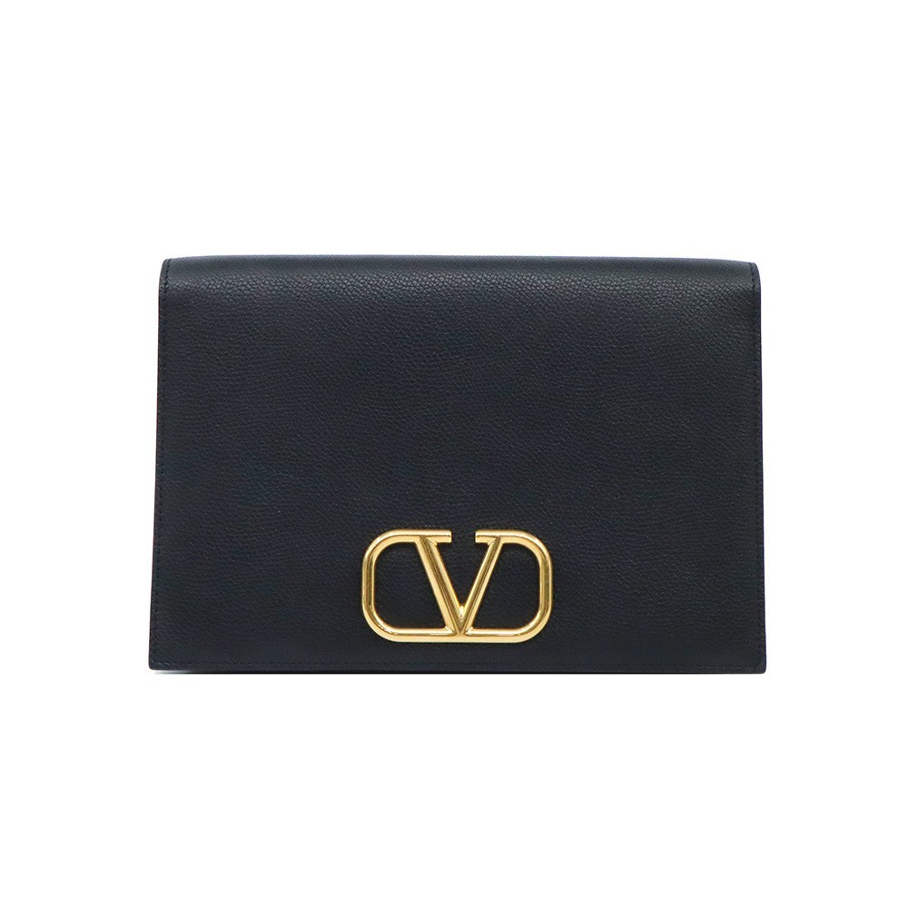 Valentino 822230290 Black Calf Gold V-Logo Flap Clutch