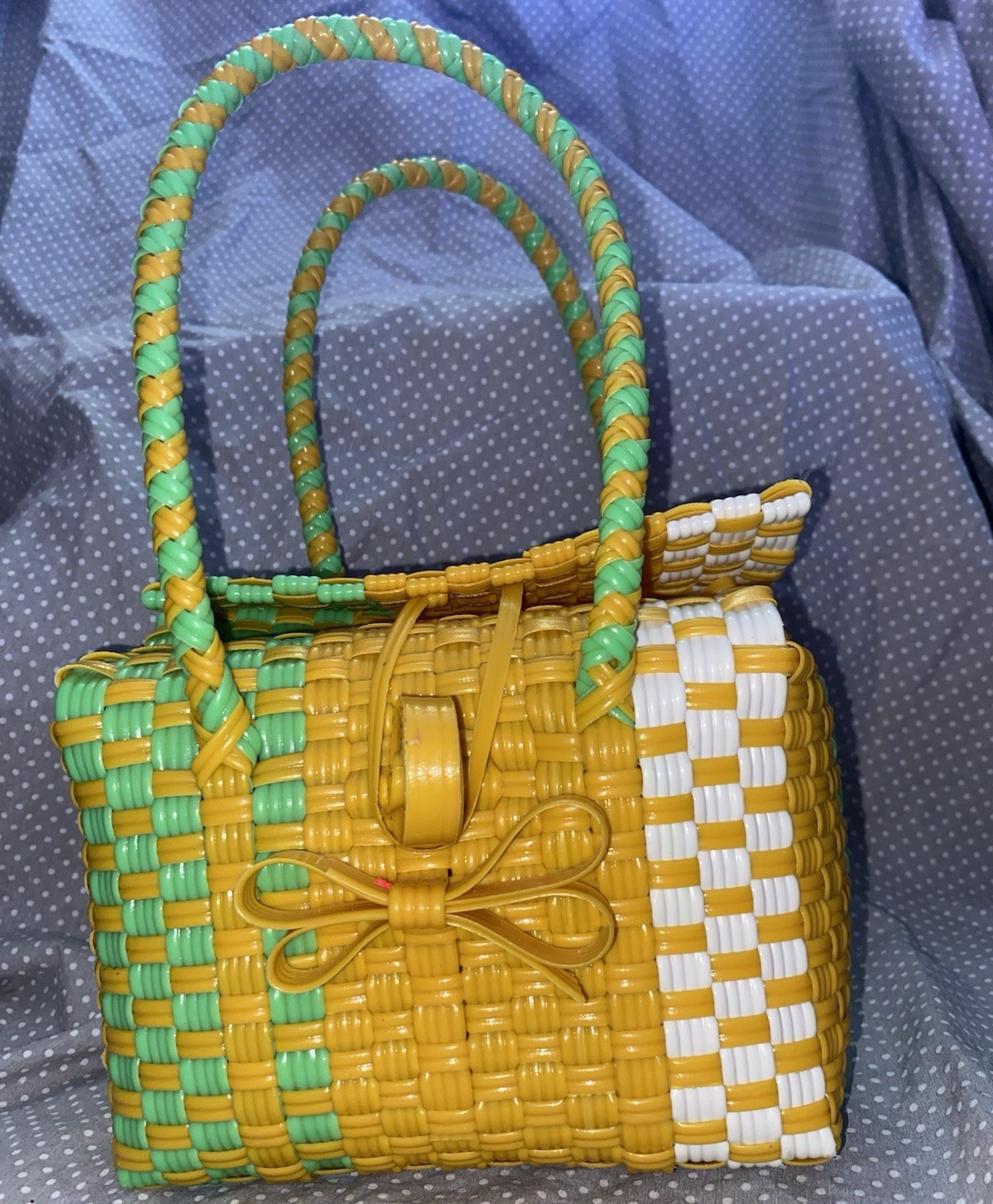 Artisan- made handmade bag , vibrant yellow, green and white striped design