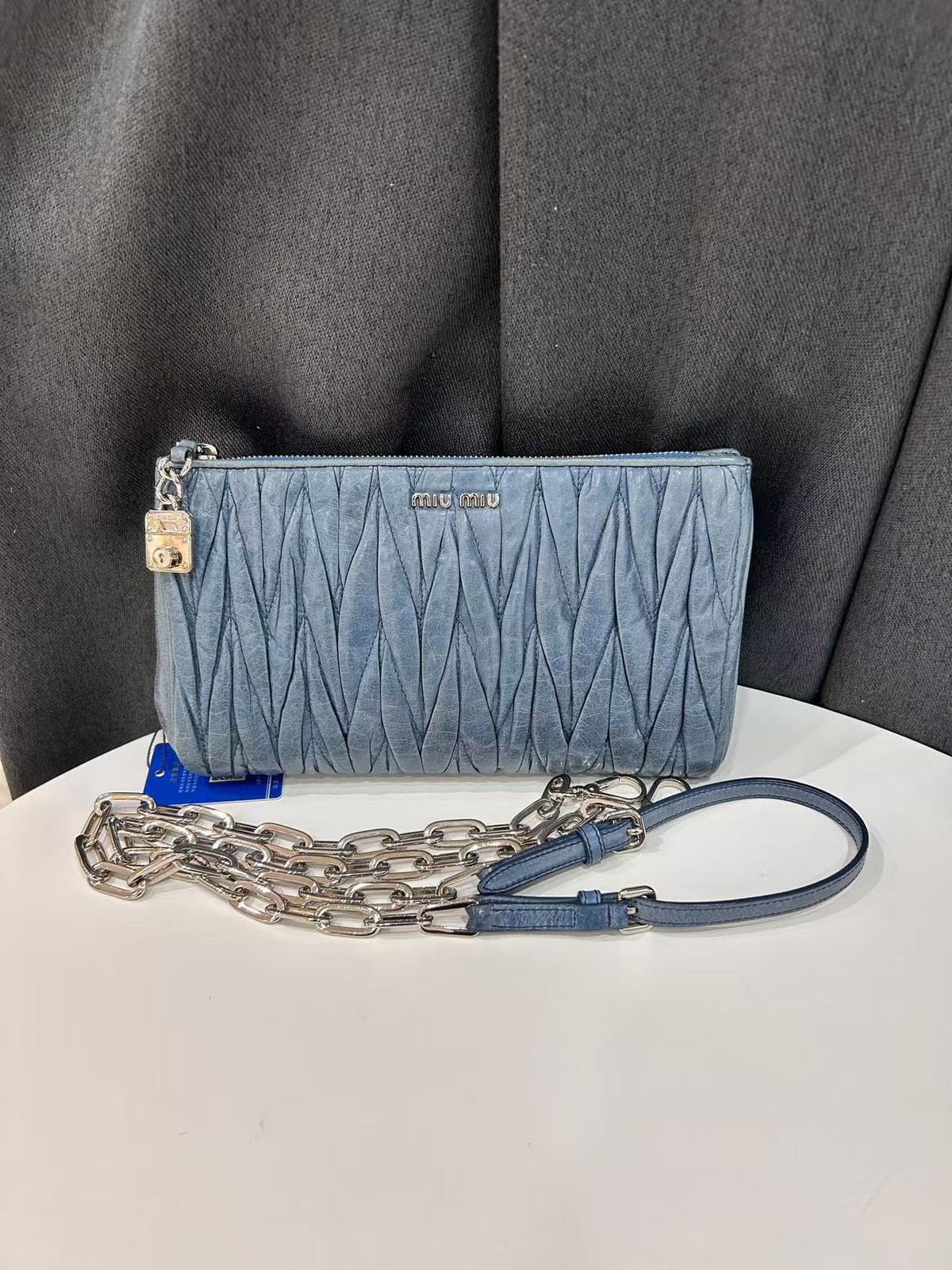 Authentic Miu Miu Matelasse Blue Leather Chain Clutch Bag Italy