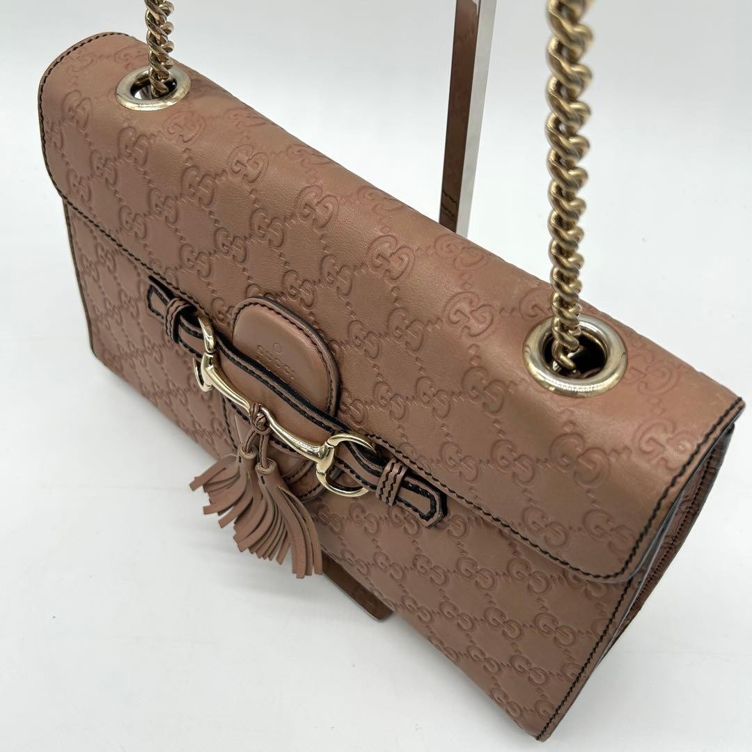 Gucci Emily Chain Shoulder Bag GG Guccissima Pink Beige Horsebit 295402 Auth
