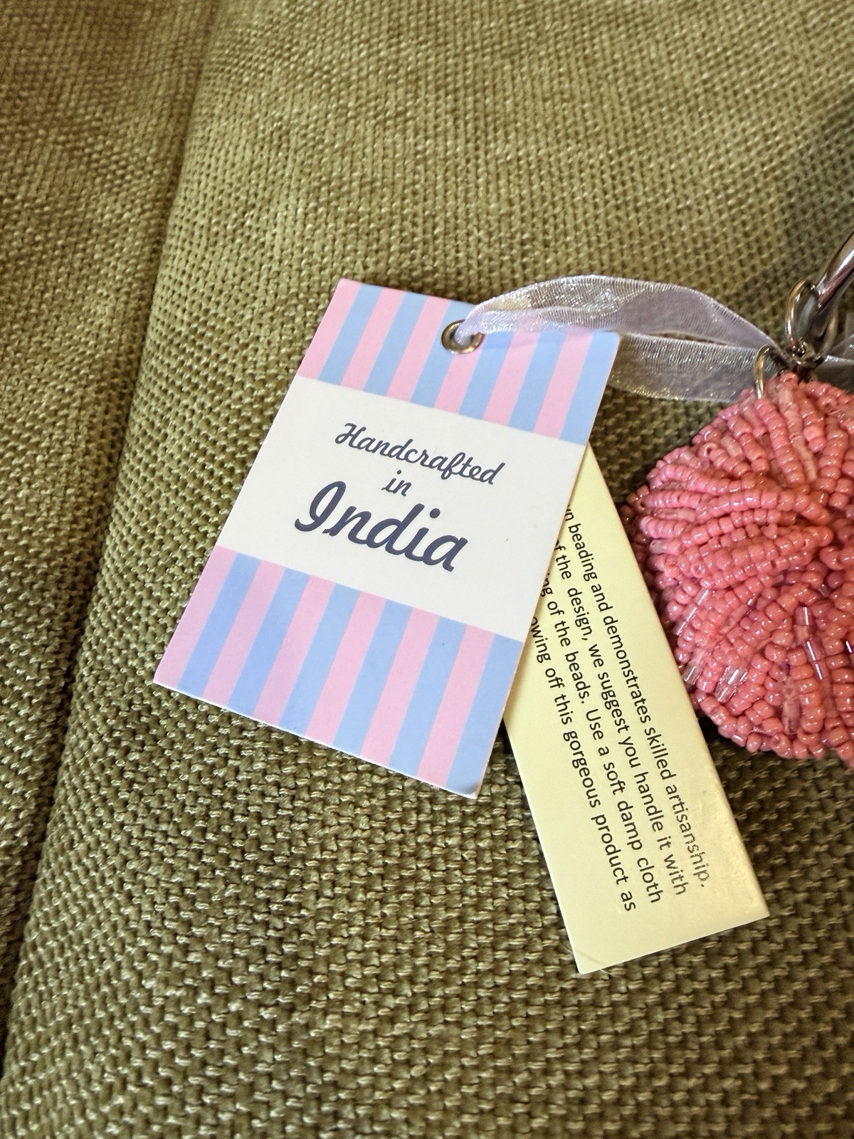 Handmade Beaded in India Shoulder Bag Striped Polka Dot Pink Green w/Charm Viral
