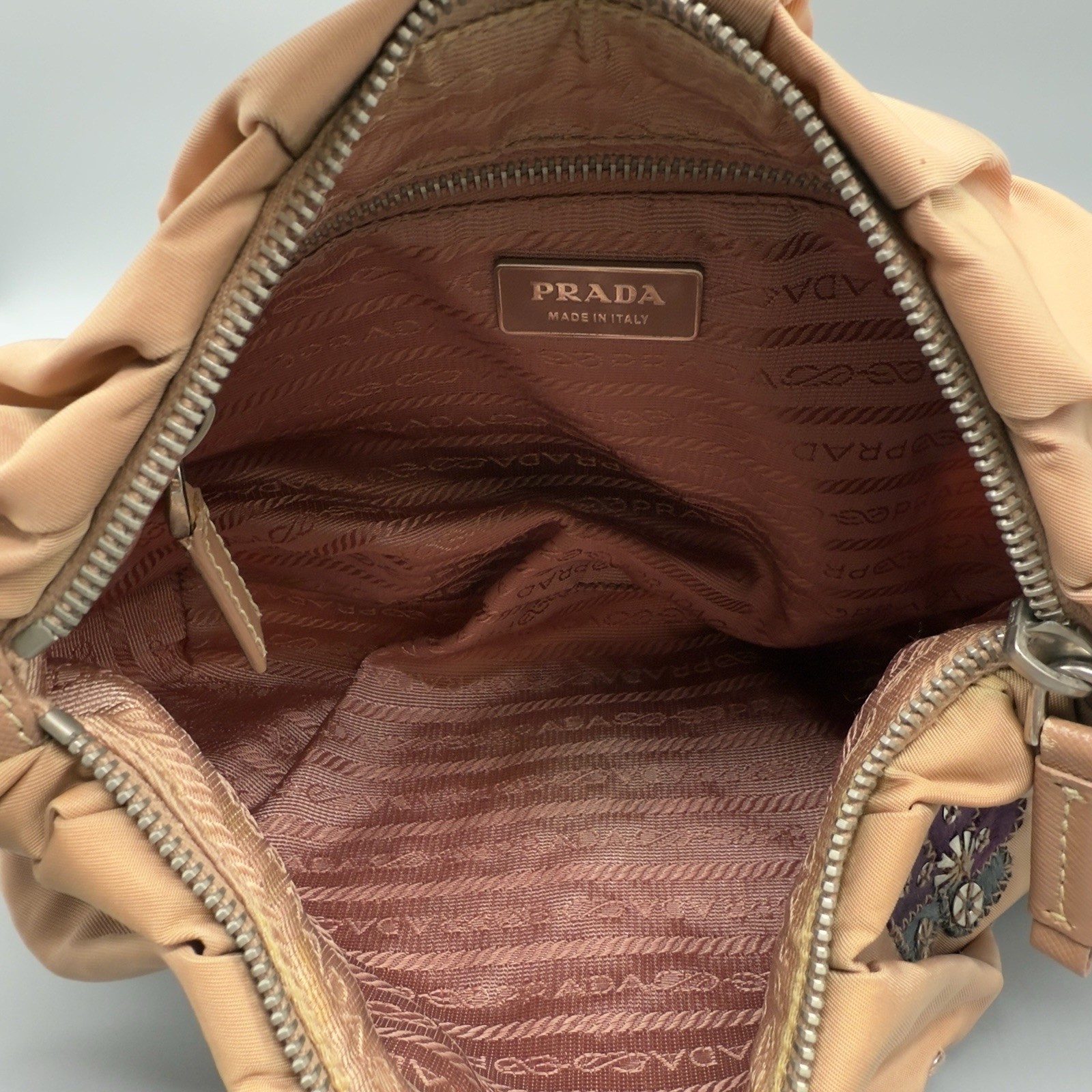 Prada Tessuto Pink Beige Floral Motif Nylon Shoulder Bag Made in Italy