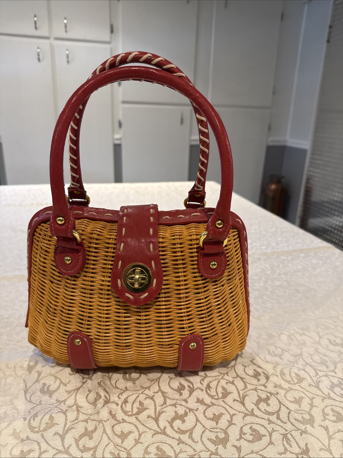 Vintage Red Leather Trimmed Woven Rattan Wicker Handbag Vintage 1970s