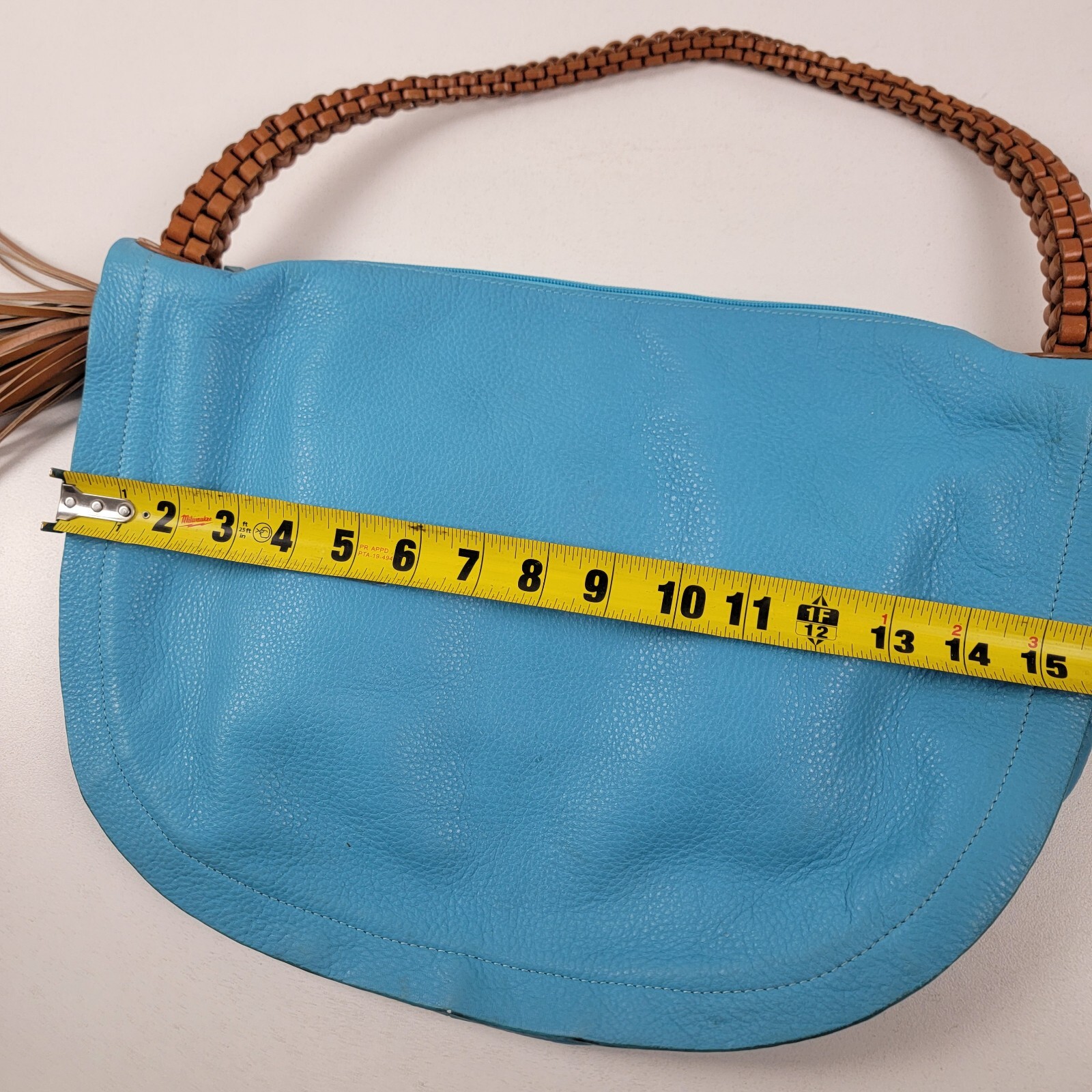 Borsetta Milano Blue Leather Shoulder Bag With Braided Strap Tassled