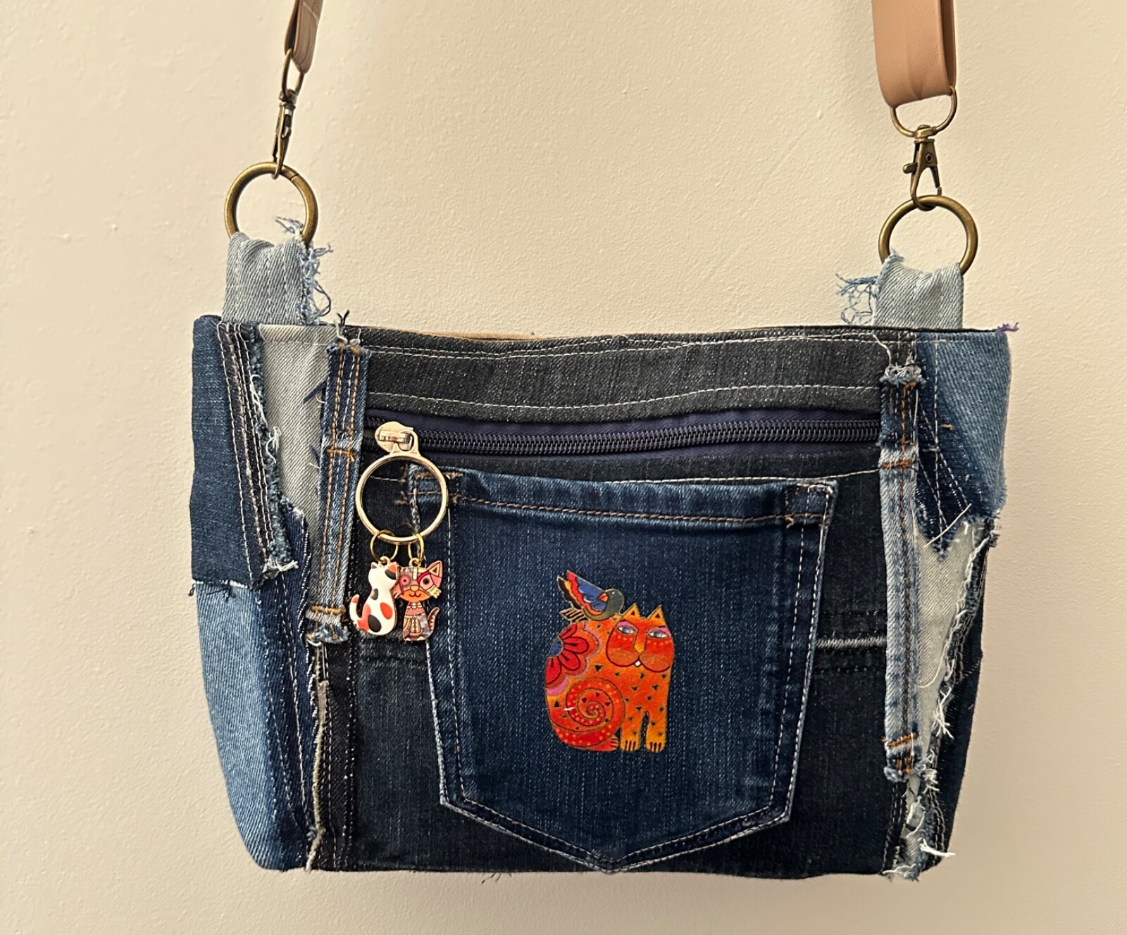 Recycled DENIM Small CROSSBODY bag purse, tassel, handbag *HANDMADE* cat charms