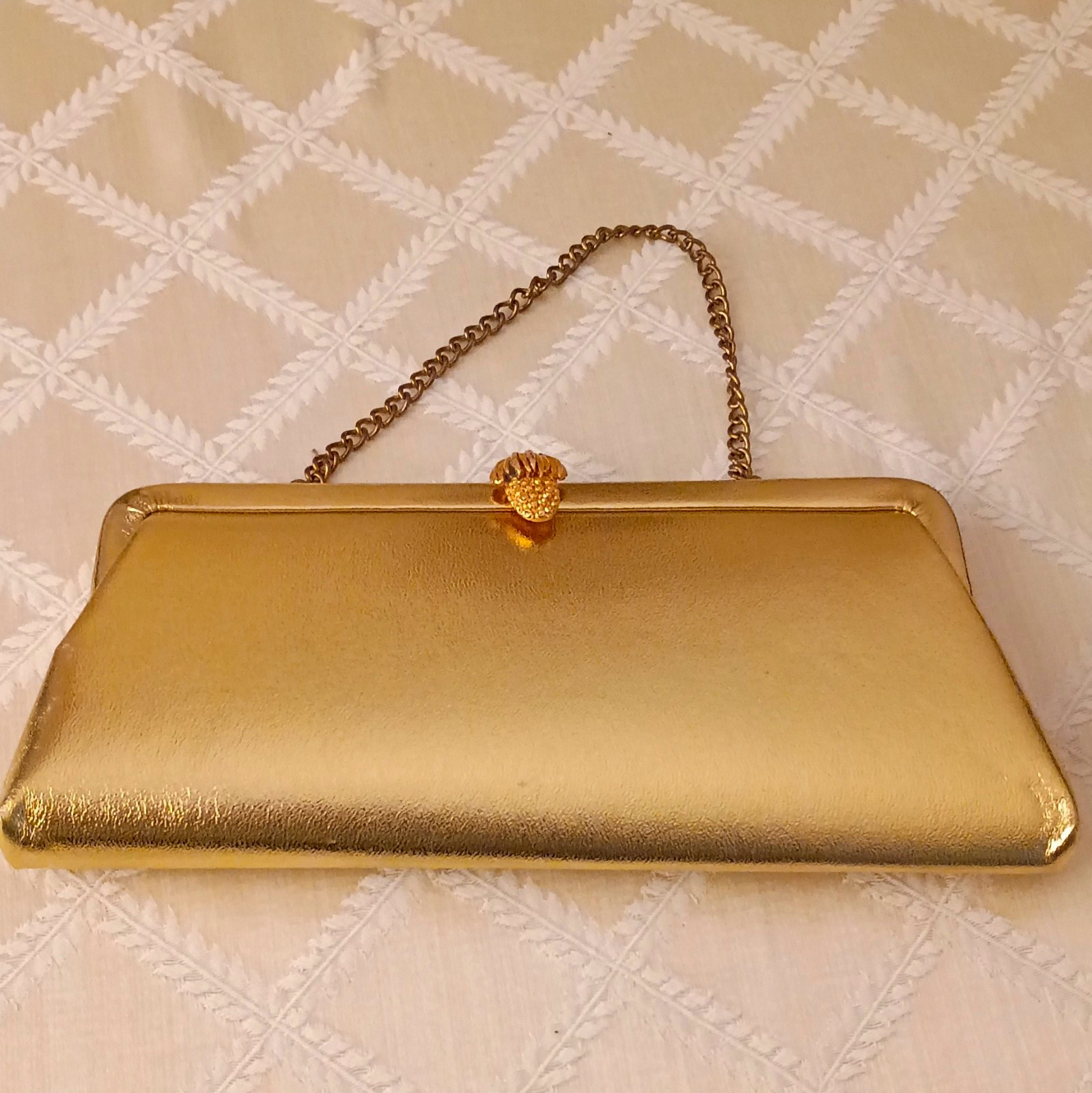 Gold Metallic Women’s Evening Clutch, Chain Shoulder Strap, Clasp, Lined