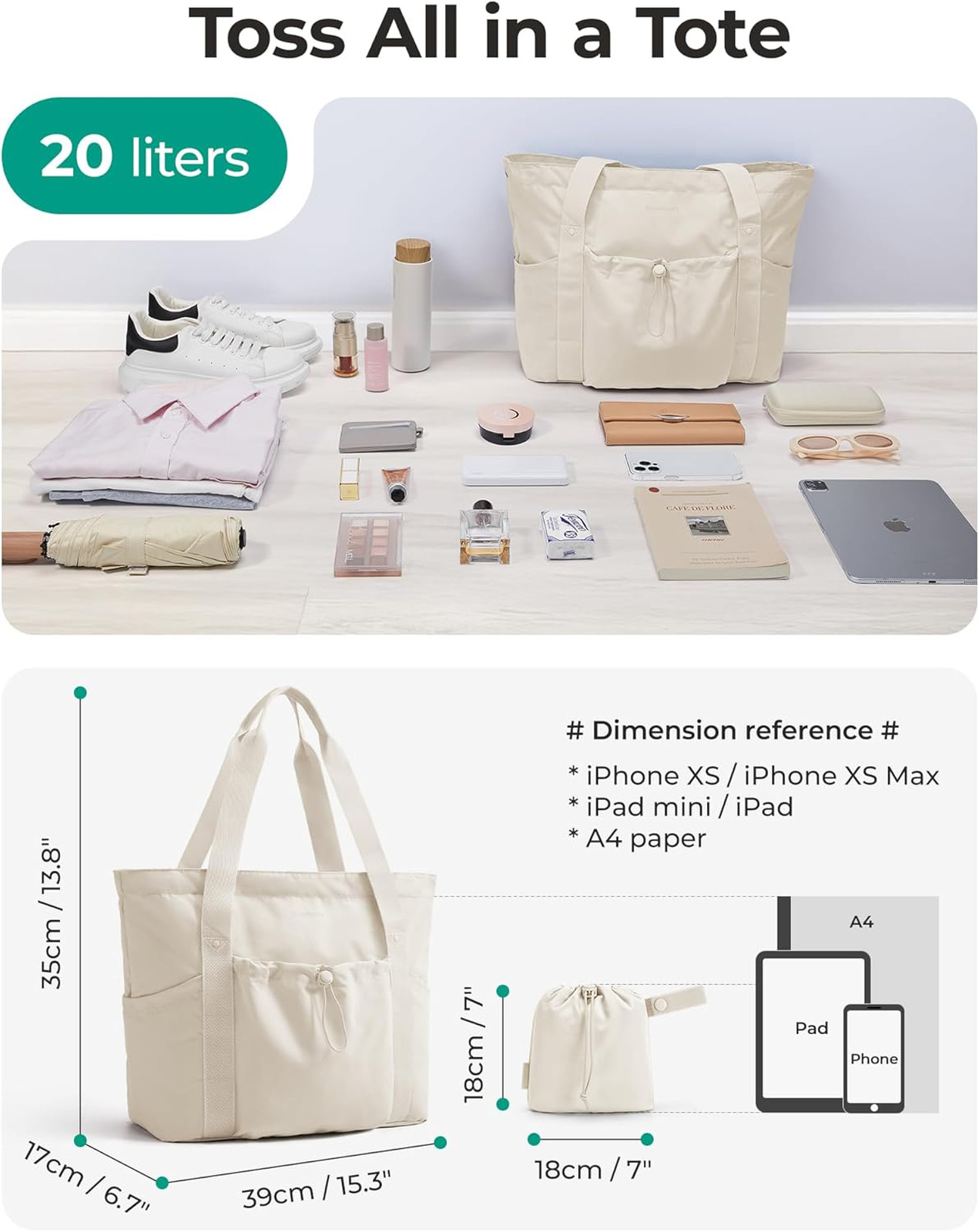 Foldable tote bag with drawstring, lightweight polyester travel handbag, 20L