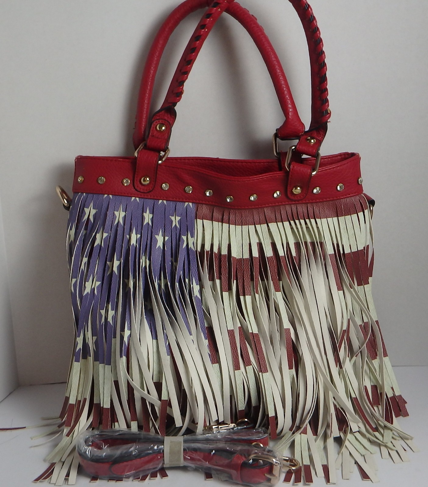 Handbag Republic USA Flag Faux Leather Fringe Large Tote Handbag Patriotic