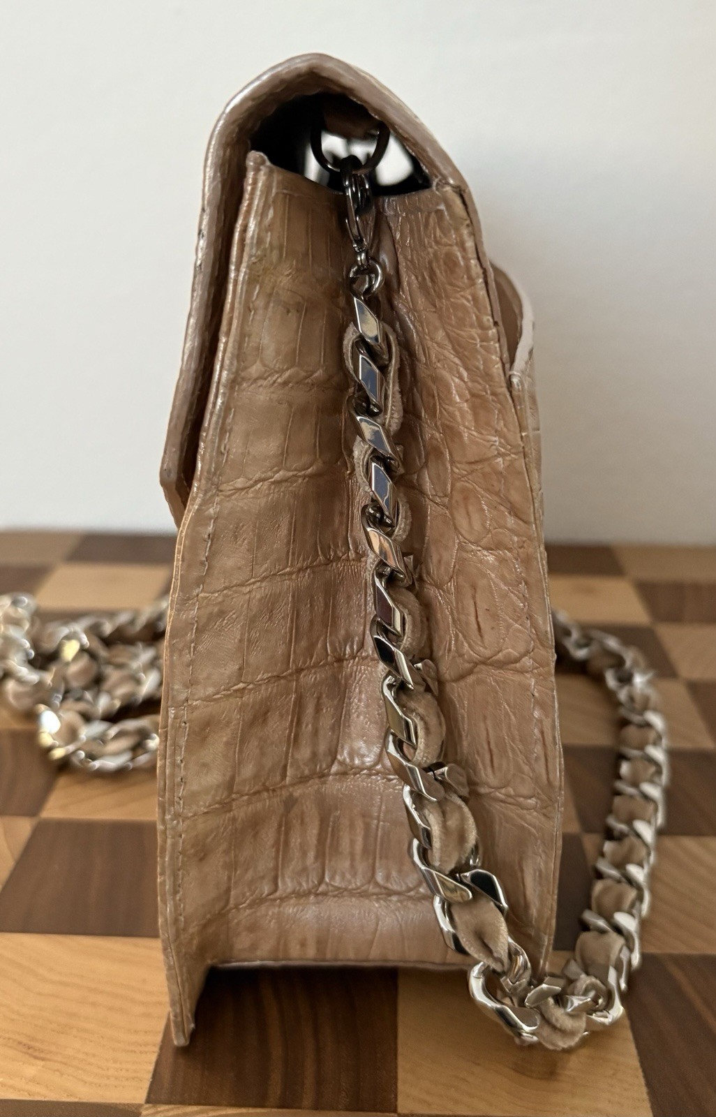Judith Leiber COUTURE Caiman Croc Chain Handbag Beige Metallic Bag Purse