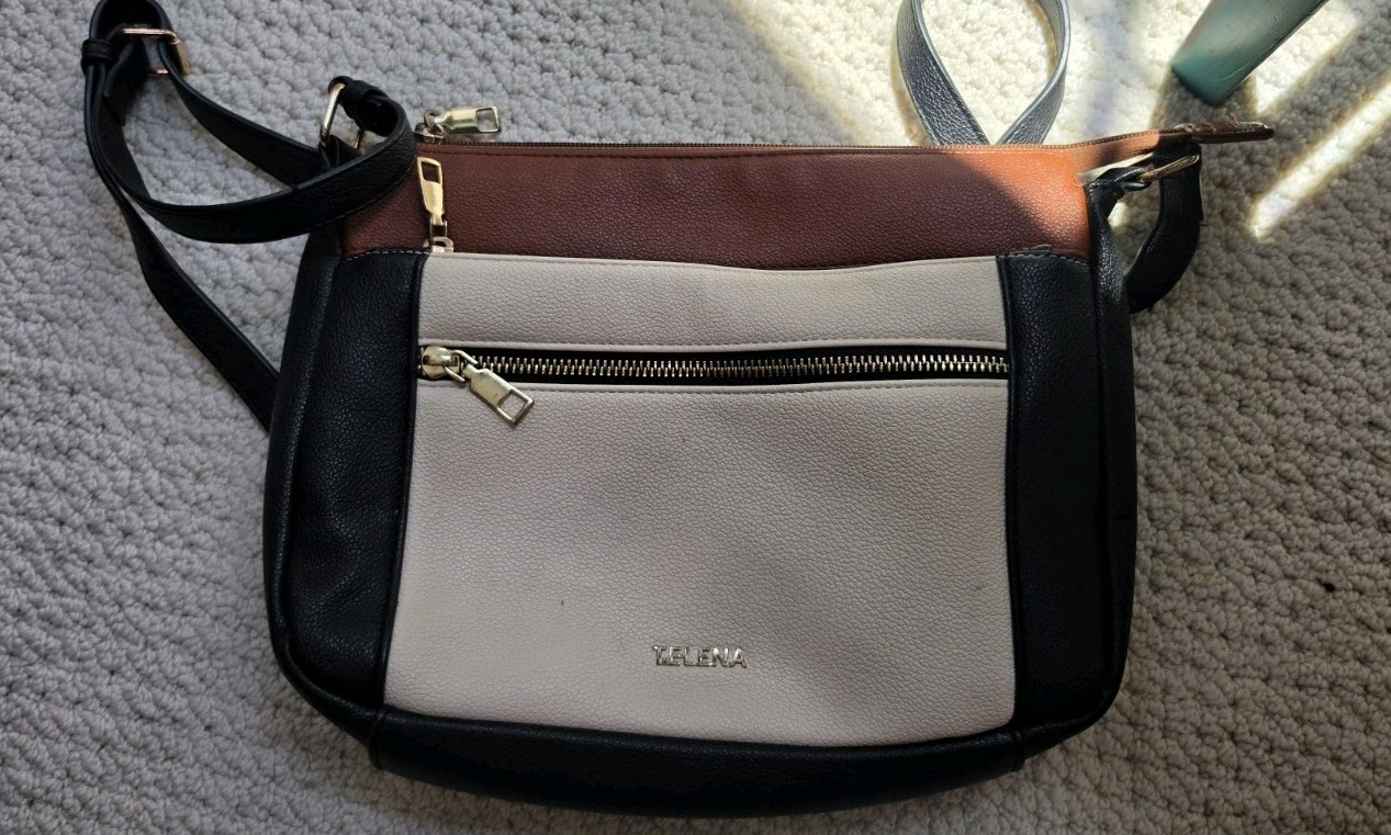 Telena Crossbody Bag Colorblock Black White Brown Vegan Leather Purse Gold HW