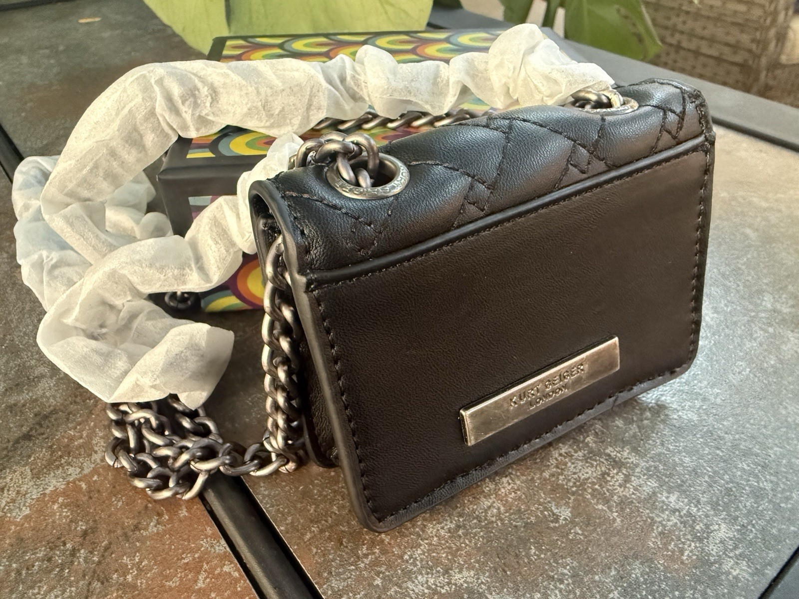 Kurt Geiger Black Quilted Small Crossbody Bag Silver Chain Strap Snap, Box