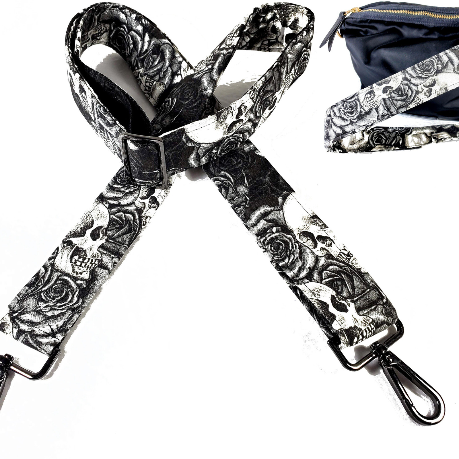 Cross Body Skull Rose Black and White Guitar Style Bag Strap – Skull and Rose