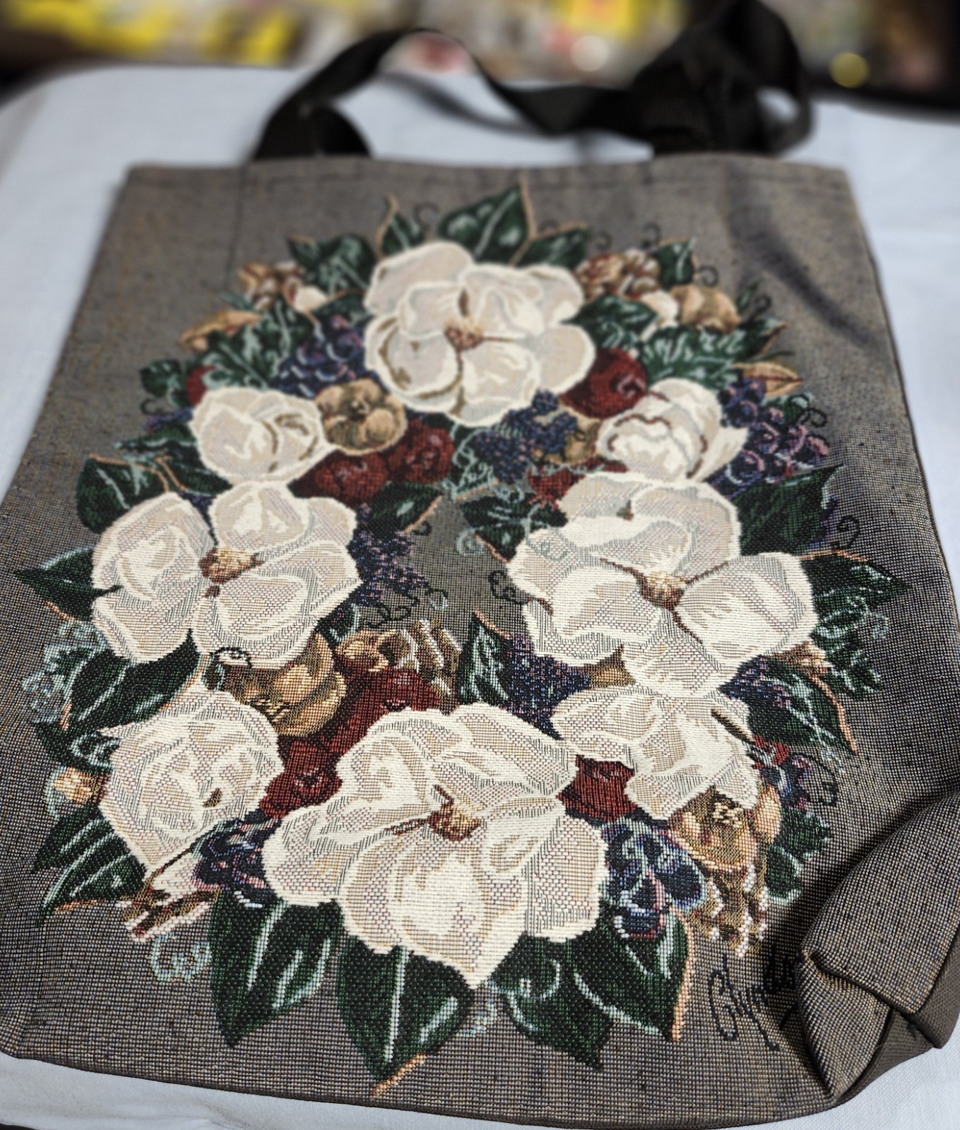 White Gardenia Flower embroidered tapestry wreath canvas tote bag 13″x15″x1.75″