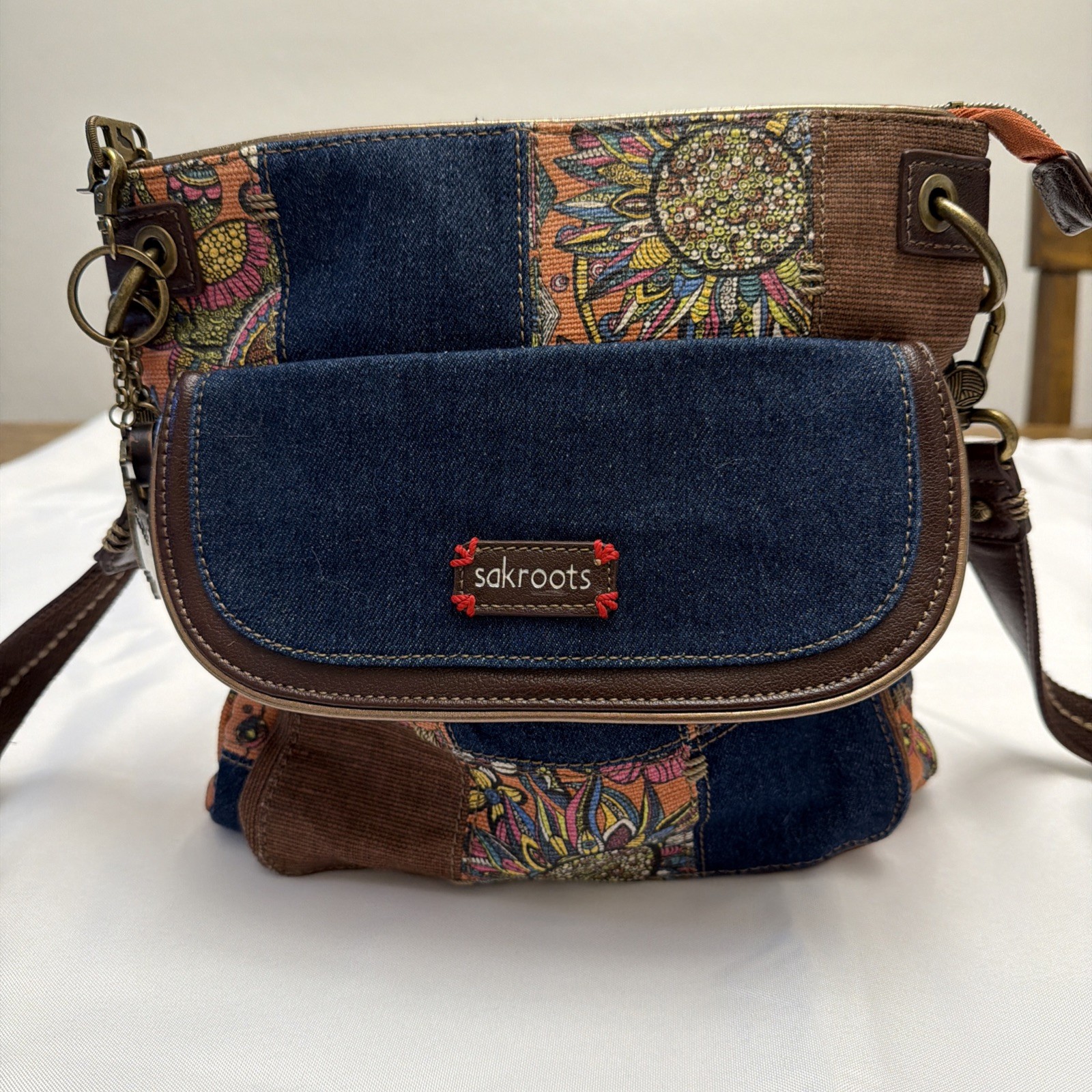 Sak Roots Denim Top Handle Purse Mid Size Boho Crossbody