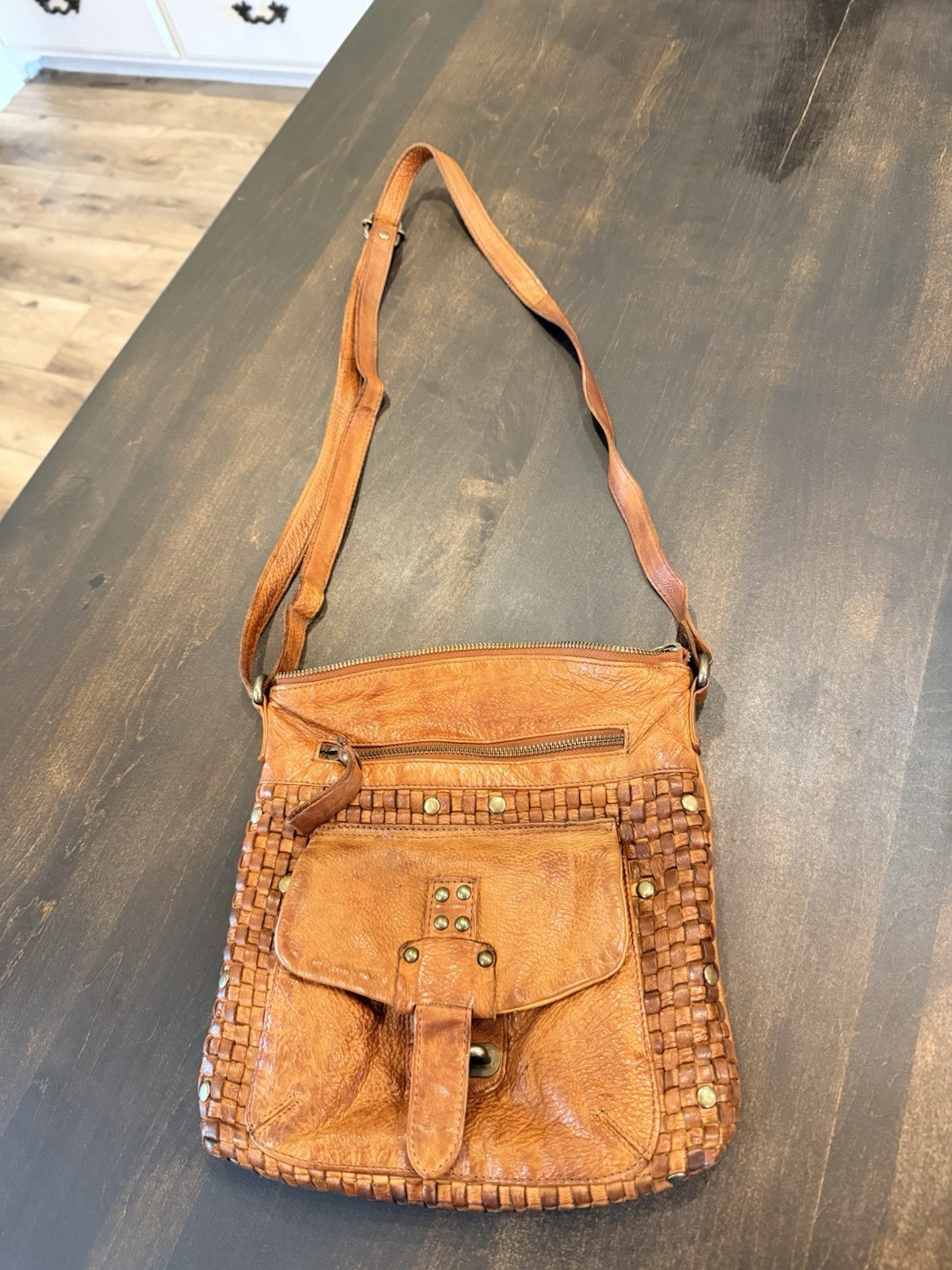 Oak Leathers Crossbody Messenger Shoulder bag Cognac Weave Handmade India