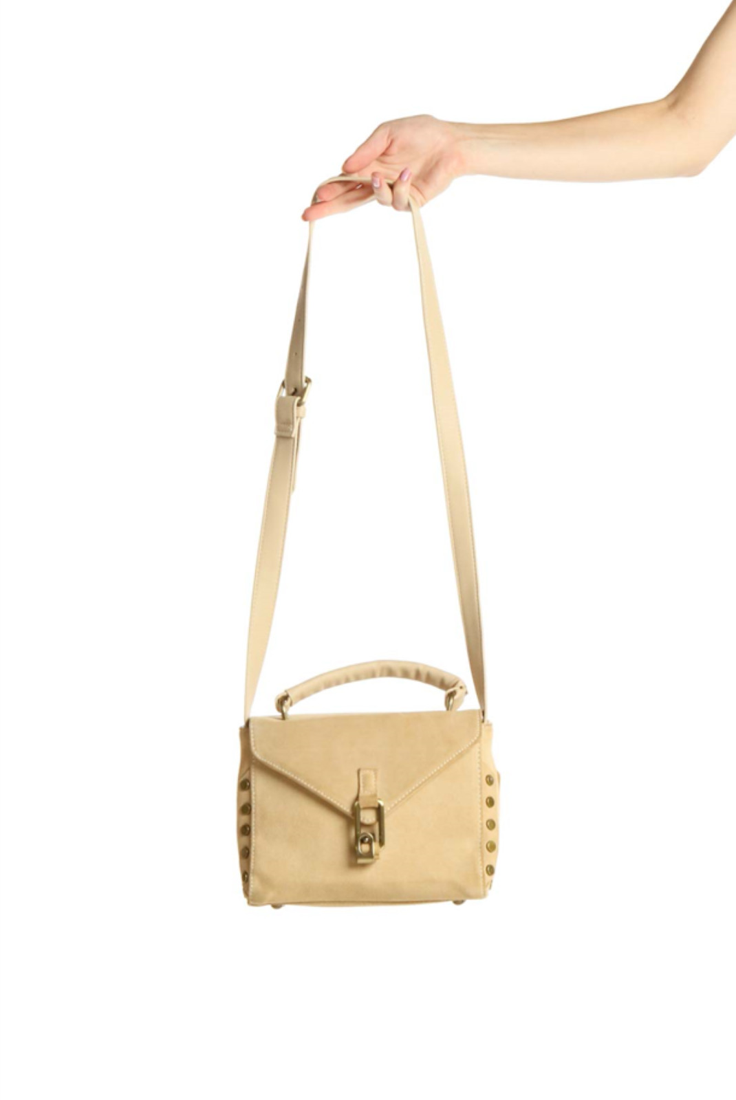 Lionel Beige Suede Crossbody Purse Handle Stud Accent Latch Close Adjust Strap