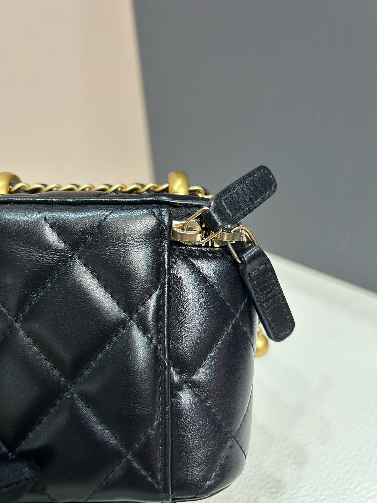 Chanel 21A Double Gold Ball Vanity Case Mini Black Cowhide Crossbody Duty Paid