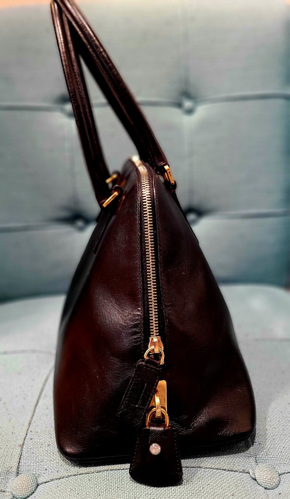 PRADA Black Saffiano Zip Top Satchel Gold Hardware Logo Pattern Clochette