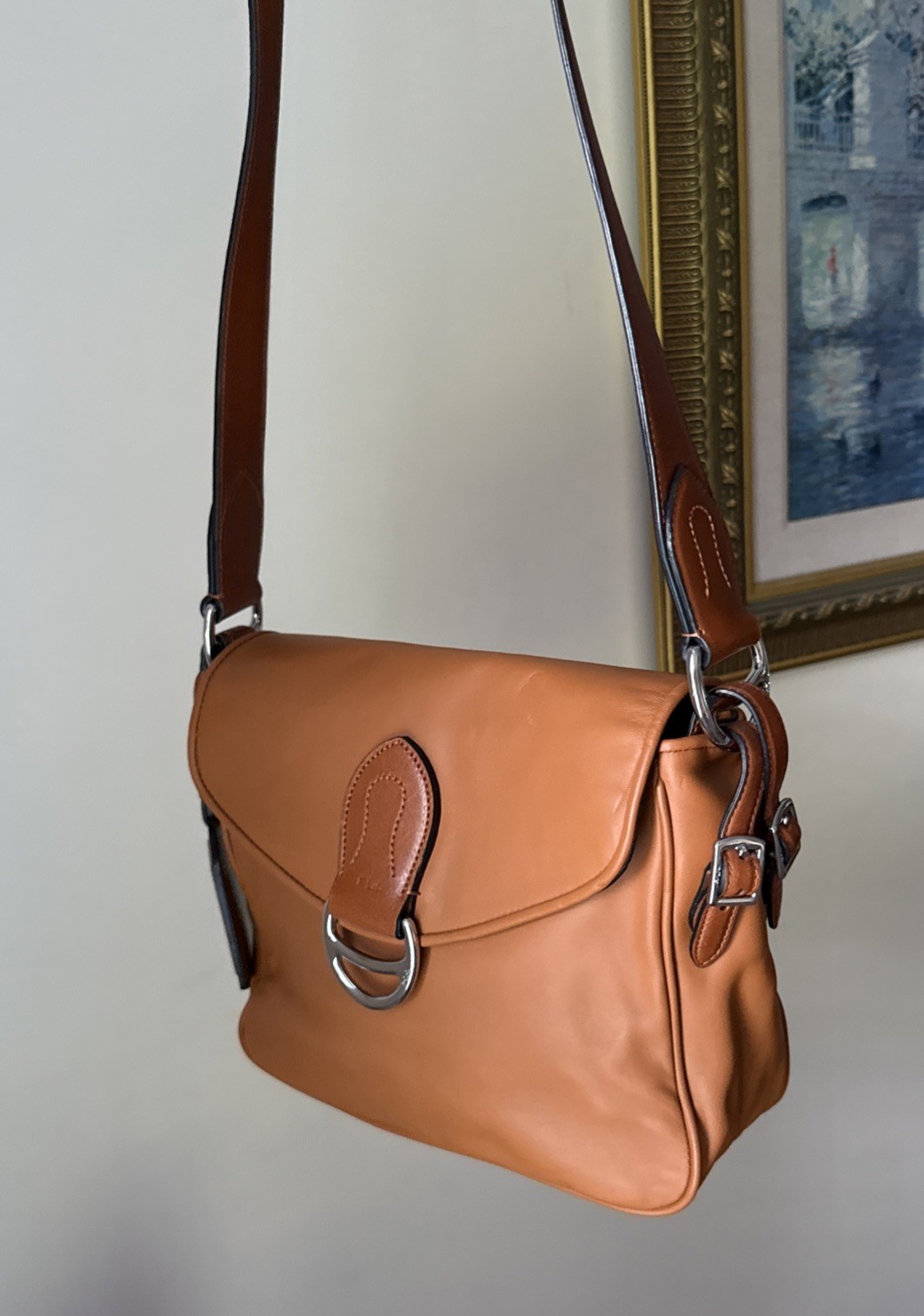 Ralph Lauren Horsebit Leather Shoulder Crossbody Purse Tan Silver Equestrian RLL
