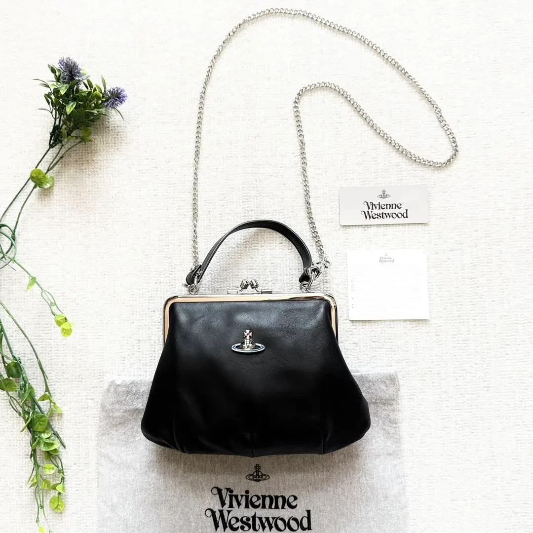 Vivienne Westwood Granny Frame Purse Shoulder Bag Handbag Black Silver F/S