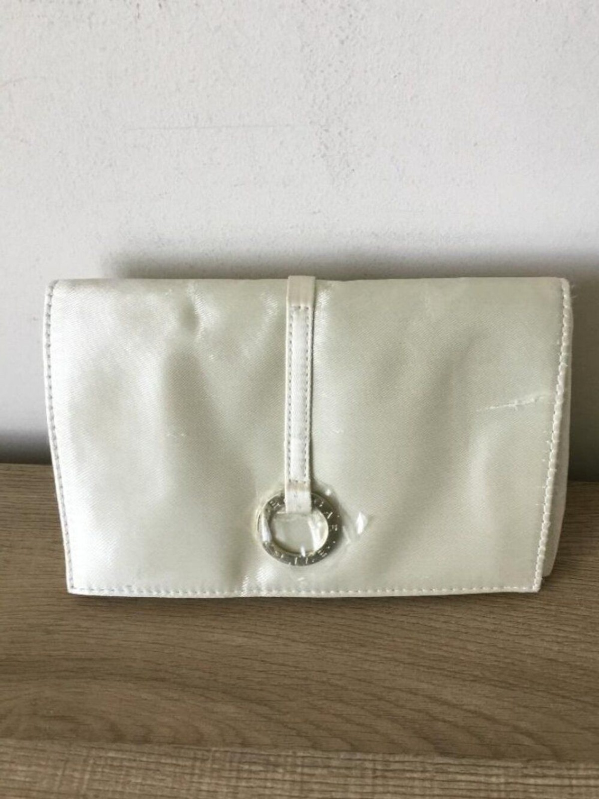 Bvlgari Cosmetic Bag Clutch w/Mirror Satin Cream Pouch Branded Metal Ring NWOT