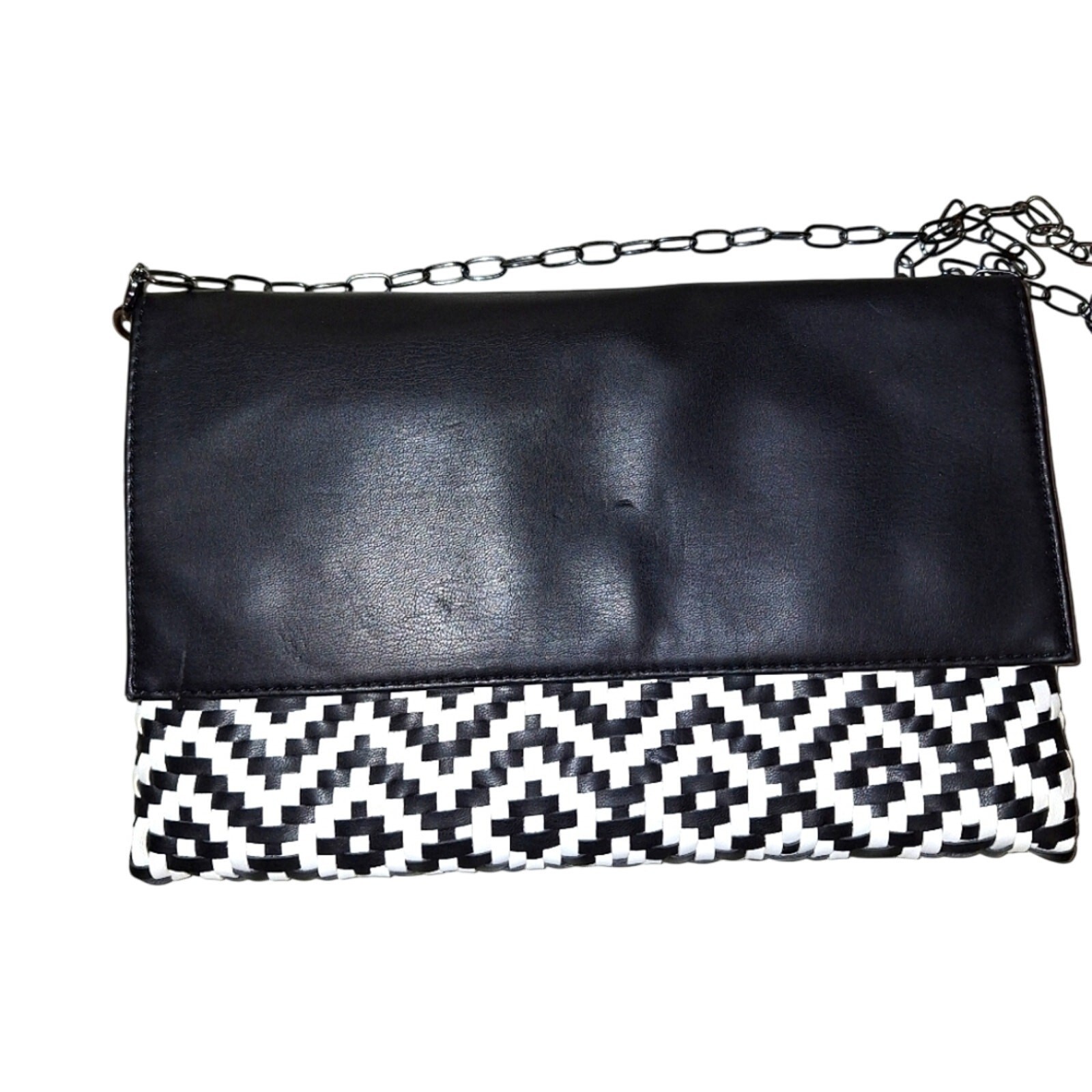 Deux Lux Black White Woven Geometric Foldover Clutch Crossbody Bag Vegan Leather