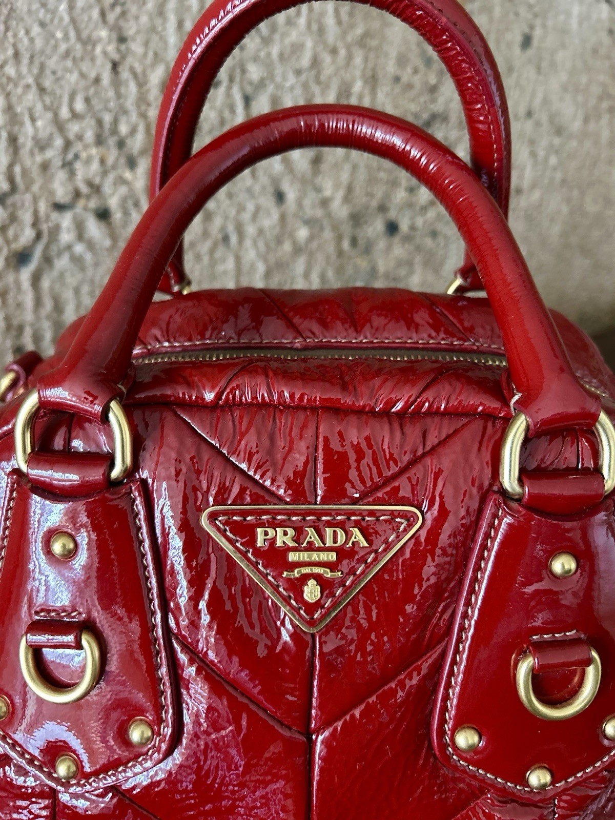 Prada Red Patent Quilted Satchel Top Handle Detachable Strap Gold Zip