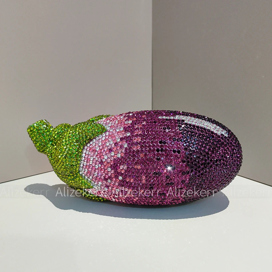 Eggplant Shaped Diamond Evening Bags Women Gorgeous Metallic Rhinestone Purses L