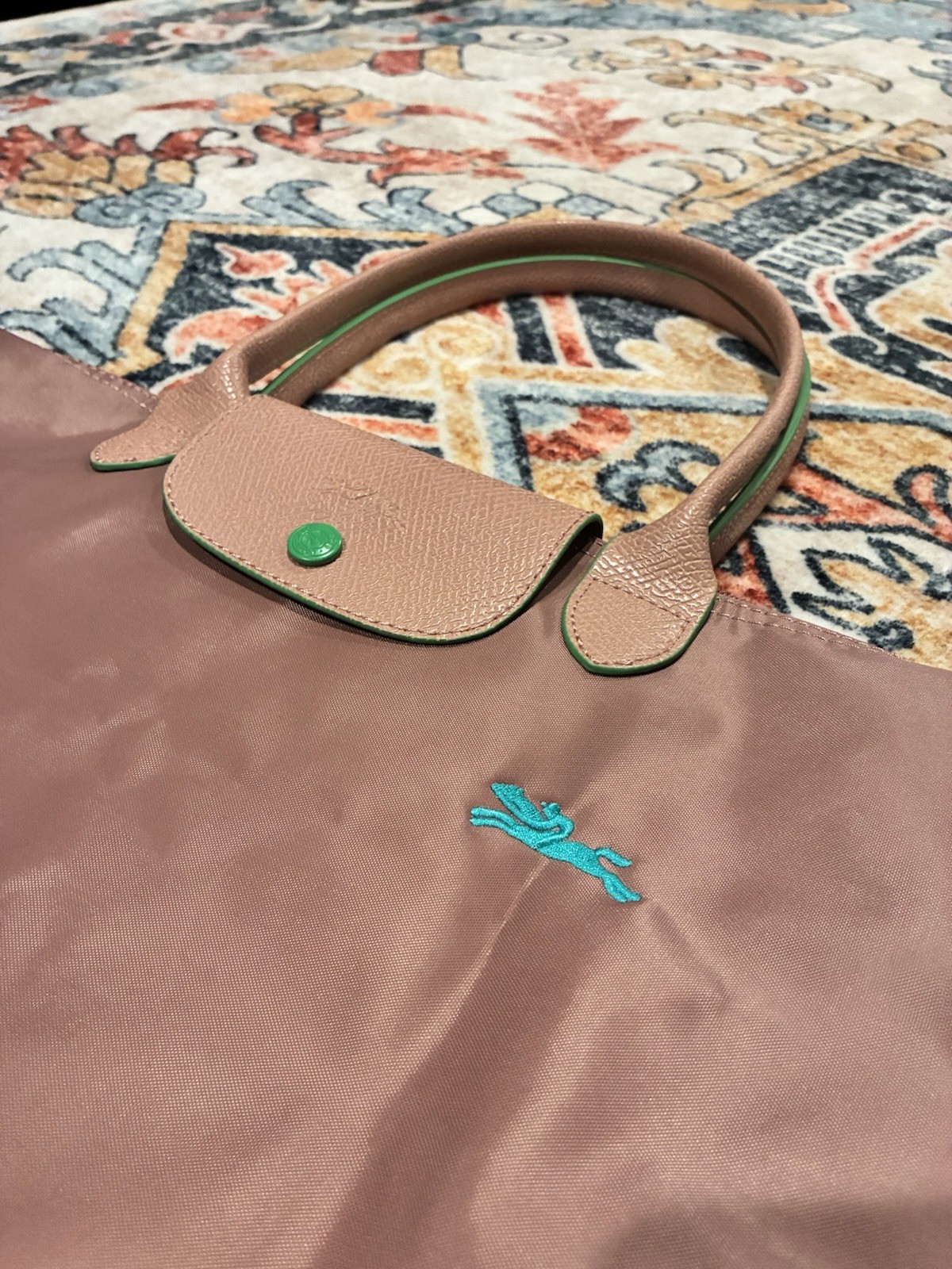 Longchamp Le Pliage Pink Tote, Brown Leather Double Handles, Zip/Snap, Charm