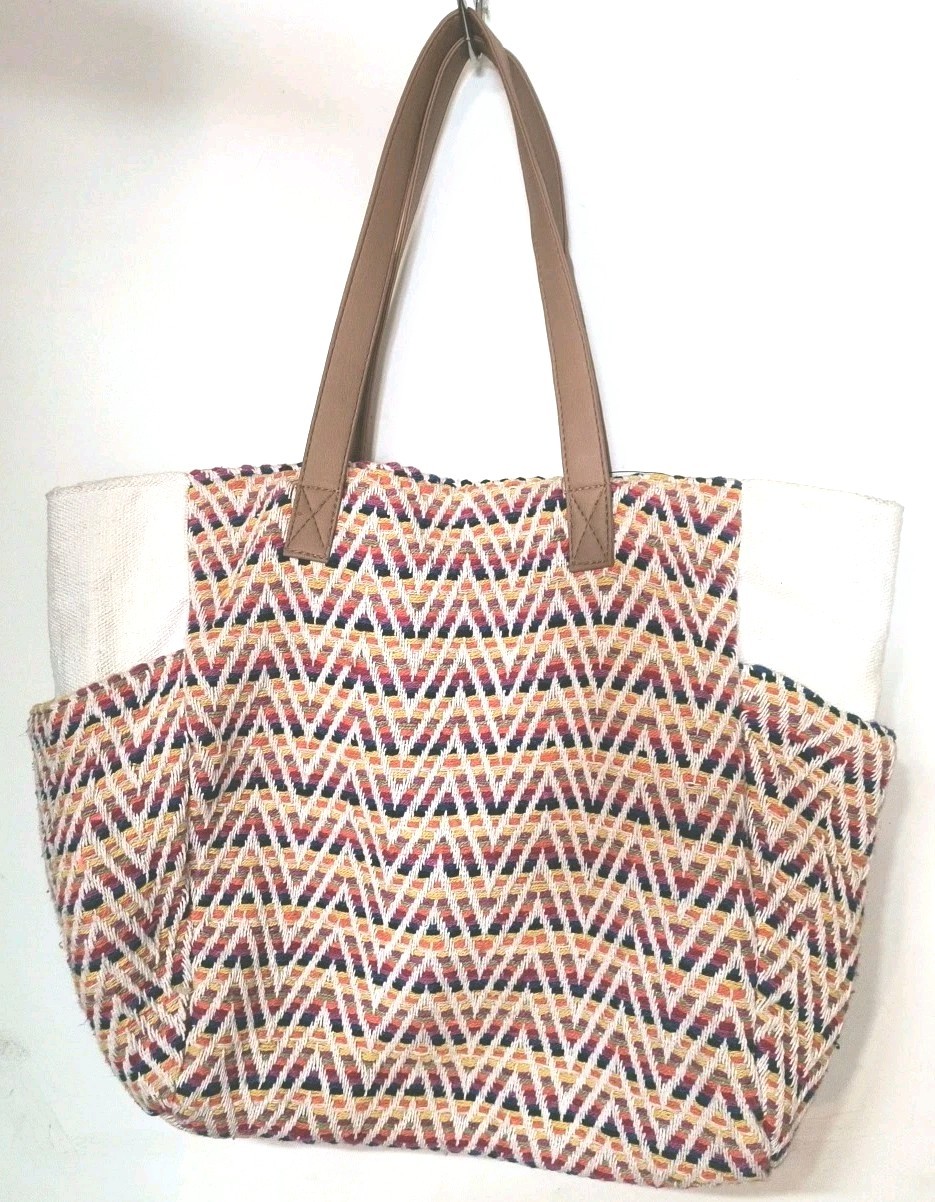 Boho Aztec Woven Tote Bag Chevron Rainbow Handmade Snap Close W Side Pockets Lg