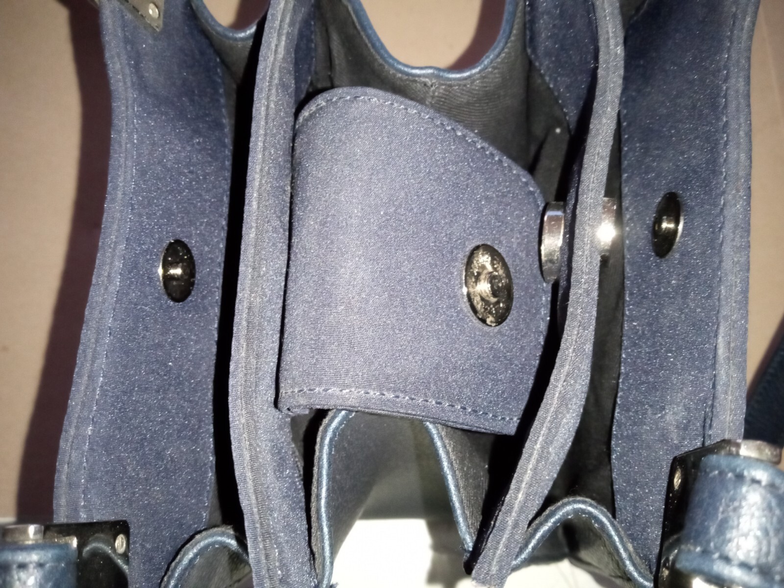 Mondani Shoulder Bag navy blue canvas and leather 3 compartments 7x6x4 1/2 in.