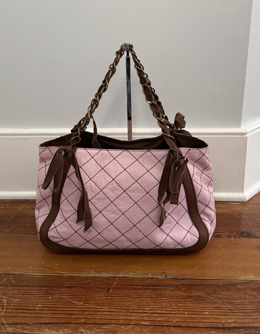 Moschino Cheap & Chic Pink Quilted Leather Shoulder Tote Bag Purse Brown Y2K