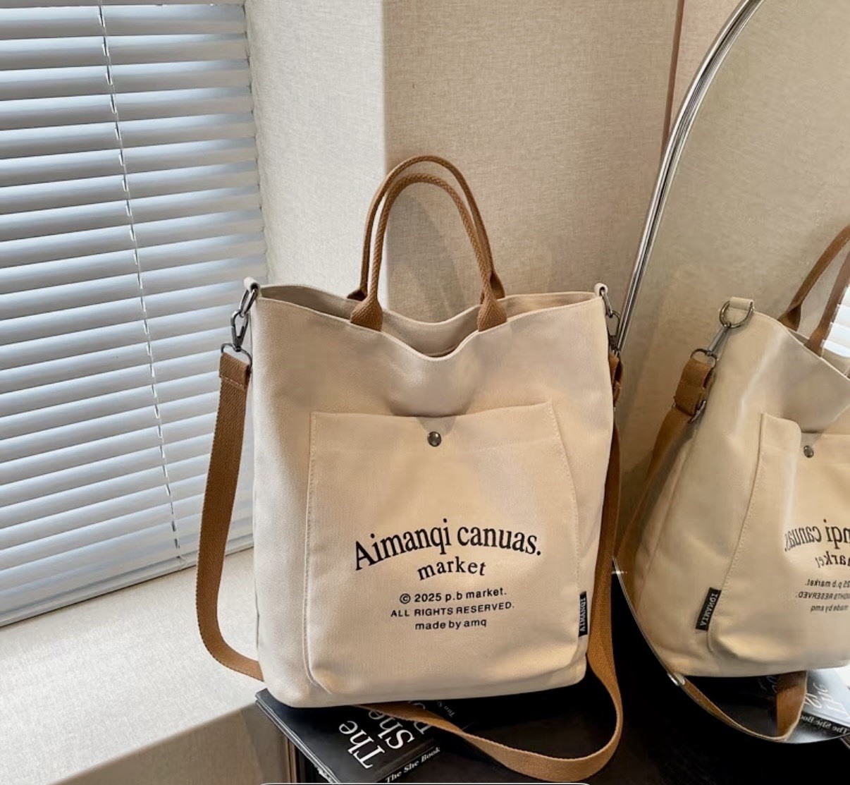 AIMANQI Thick Square Canvas Tote/Crossbody Khaki Bag w/Top Snap Closure