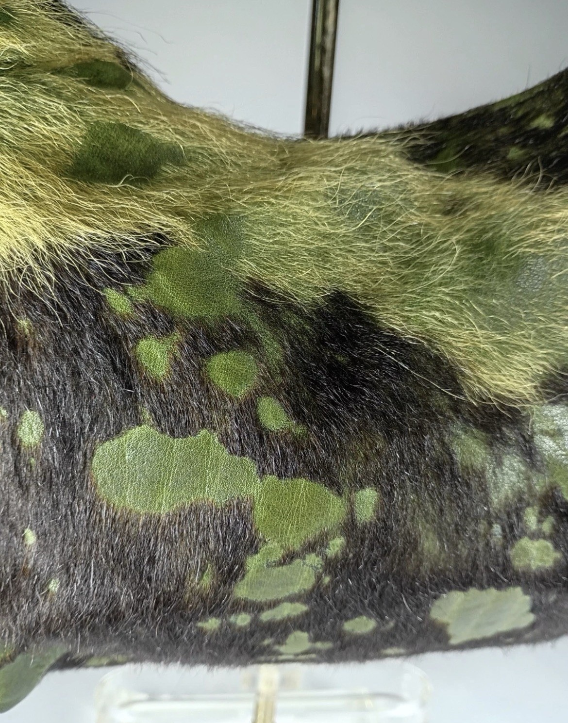 VINTAGE handmade Couture Olive Green Leather Animal Hide w/ Fur Camo Look Purse