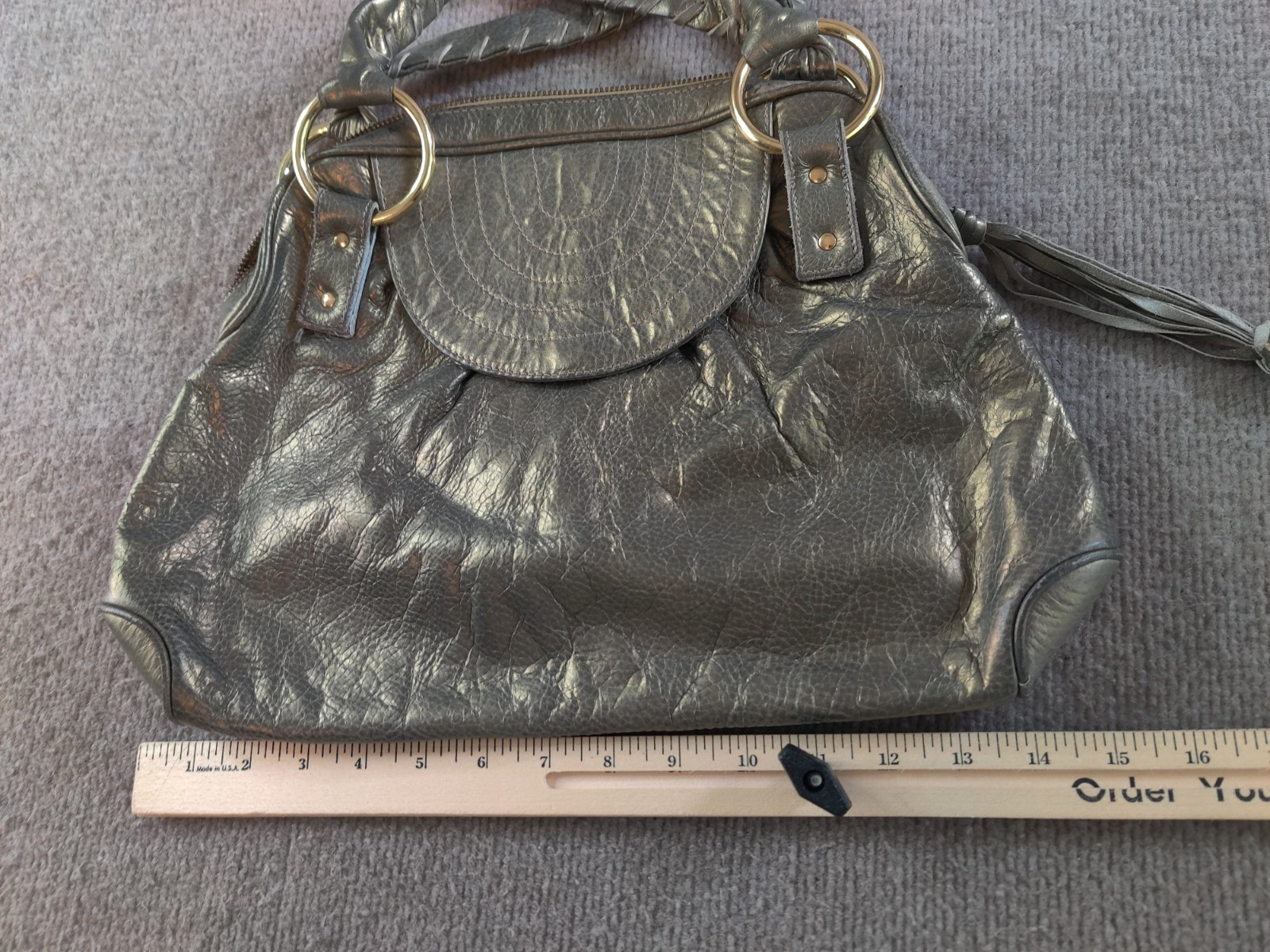 Bulga Gold Soft Pebbled Leather Fringe Boho Shoulder Bag