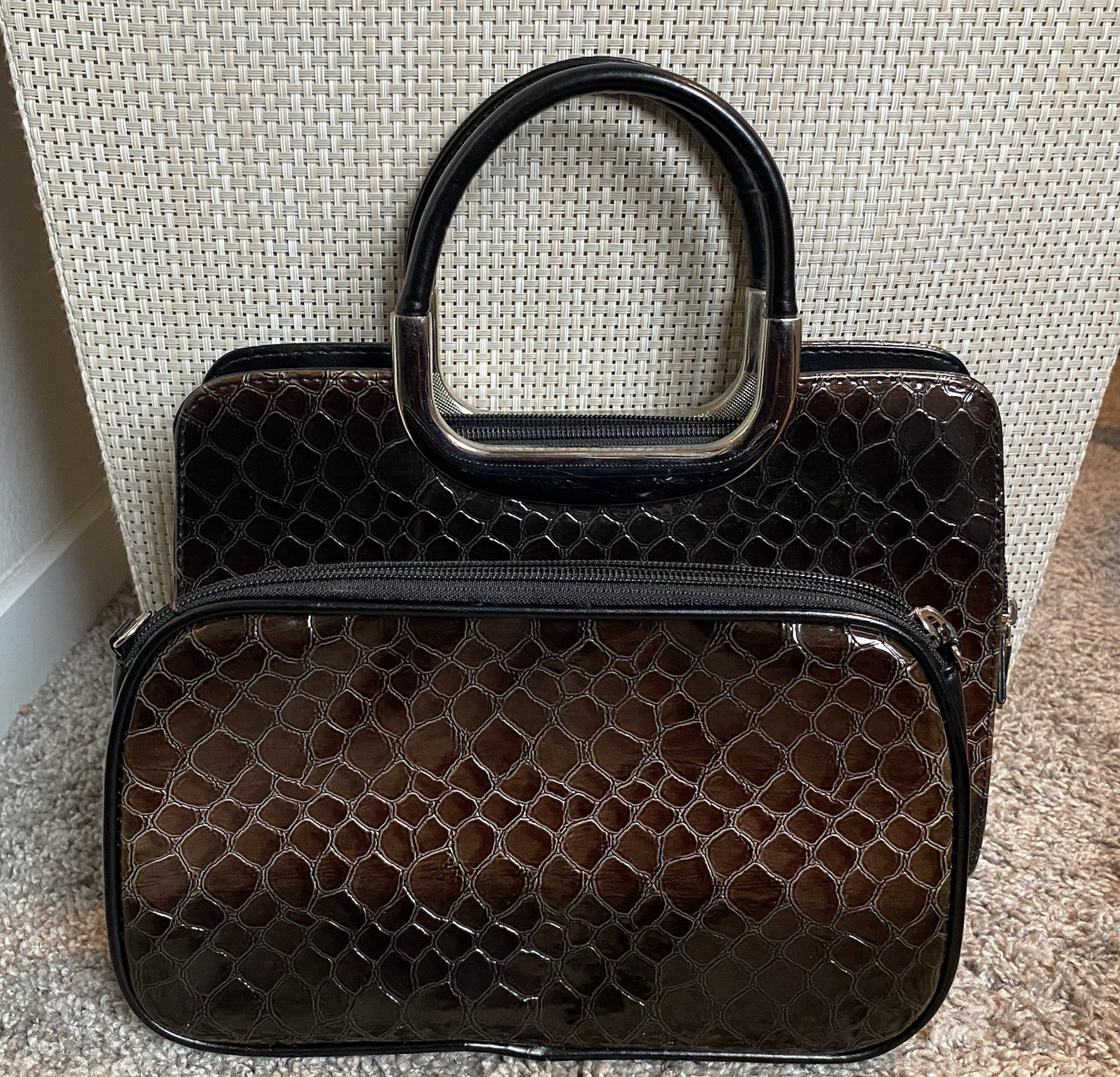 Women’s Brown Snake Print Satchel Top Handle Zip Bag w/ removable insert pouch
