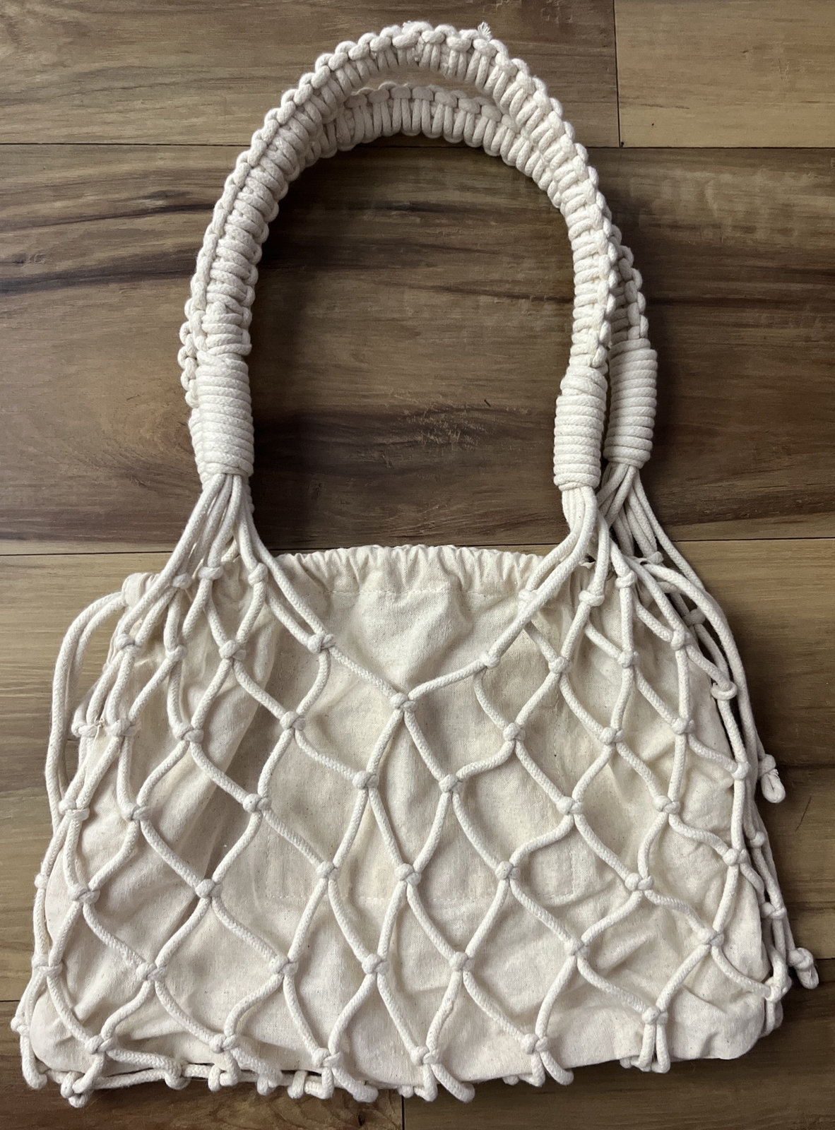 Abercrombie Fitch Macrame Drawstring Bucket Bag Purse Boho Beach Oatmeal