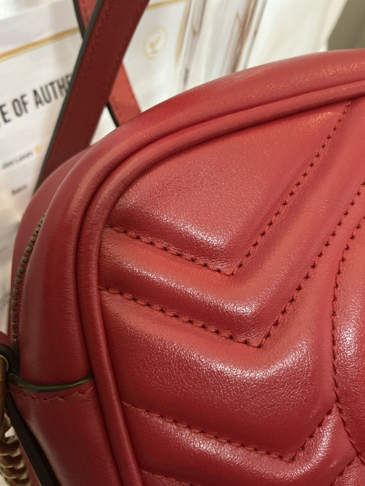 Authentic Gucci GG Marmont 2.0 Red Leather Chevron Camera Crossbody w COA